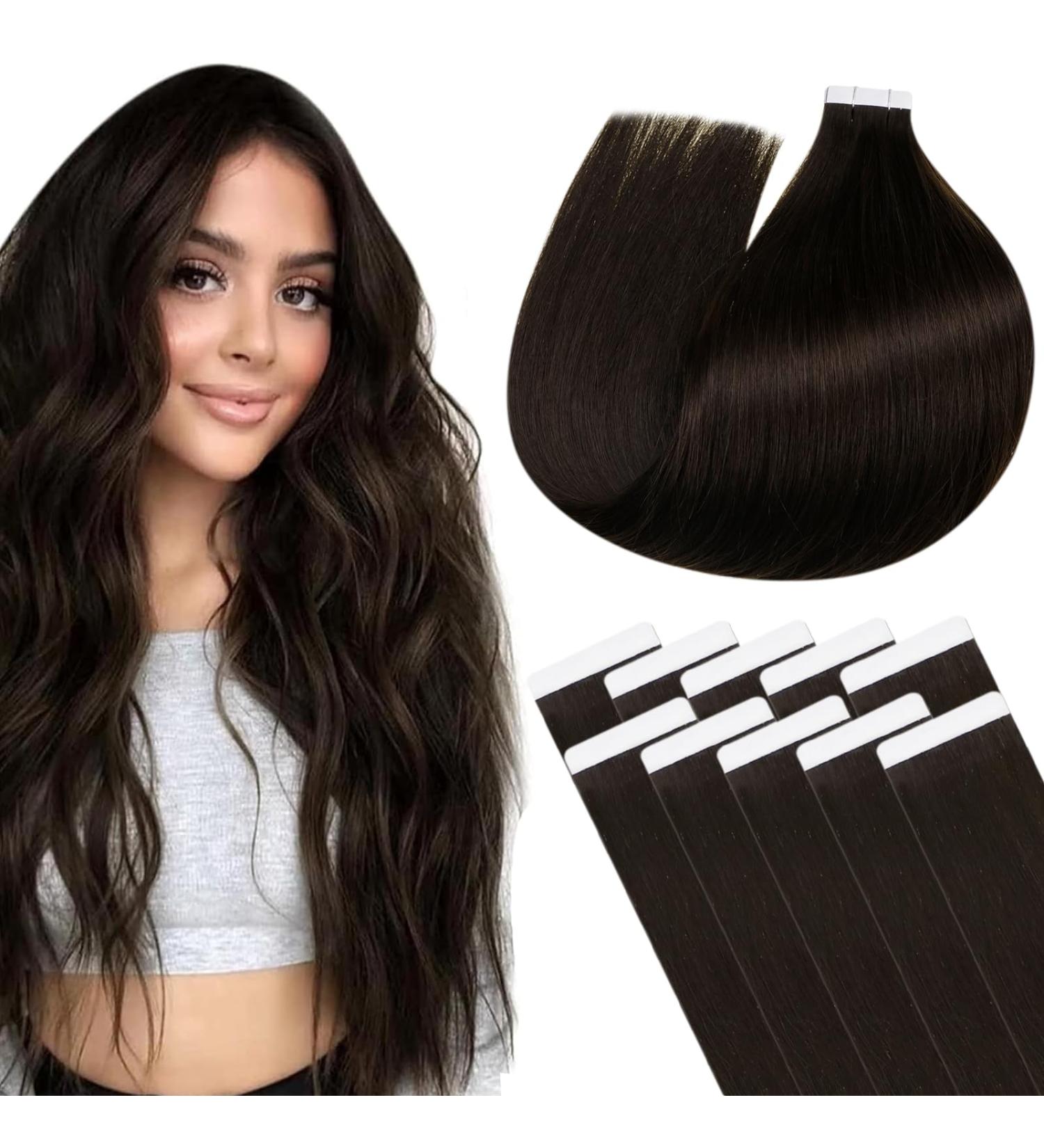 Laavoo 60cm Brown Tape-In Hair Extensions | Real Hair Invisible & Lightweight | 10pcs #2 Dark Brown - Buy Online on SooperMarket.com