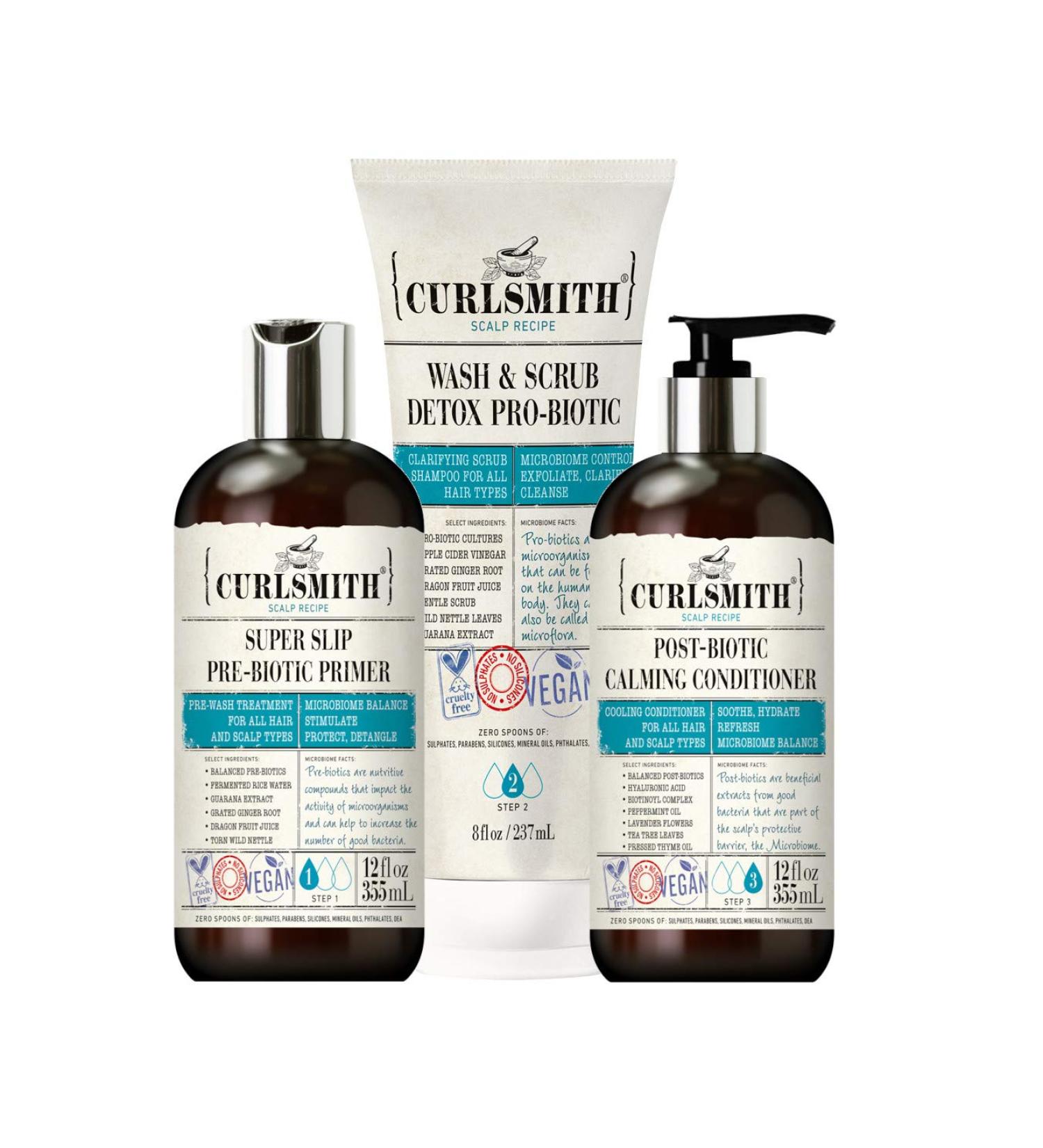 CURLSMITH Clarifying Wash Day Bundle: Pre-Biotic Primer, Wash & Scrub Detox with Pro-Biotic Conditioner - Buy Online on SooperMarket.com