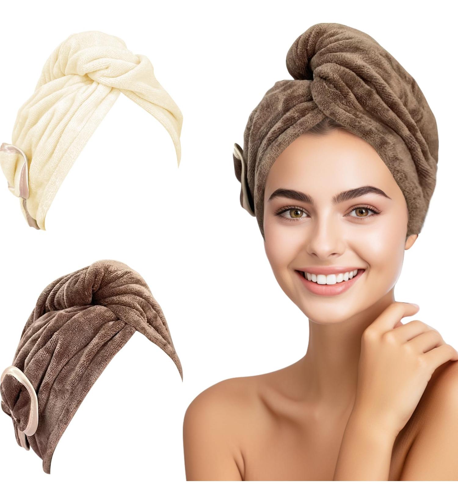 Jseng Microfiber Hair Towel Wrap for Women - Fast Drying Turbans with Cute Bowtie | 2 Packs for Curly Long Wet Hair - Cream & Brown - Buy Online on SooperMarket.com