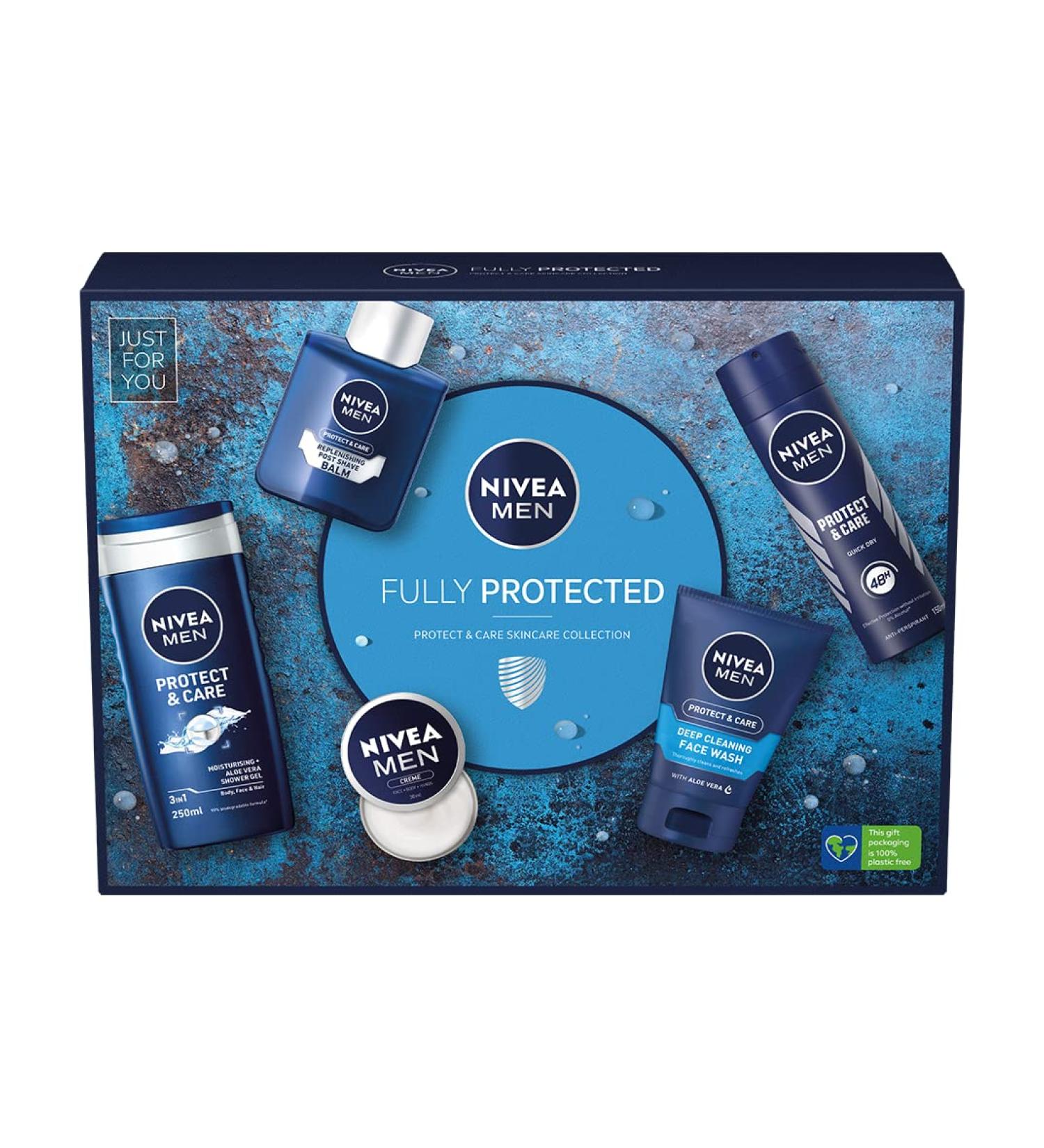 NIVEA MEN Fully Protected Gift Set (5 Pieces) Men's Toiletry Gift Set Includes Shower Gel Face Wash Moisturising Cream After Shave Balm and Anti-Perspirant - Buy Online on SooperMarket.com