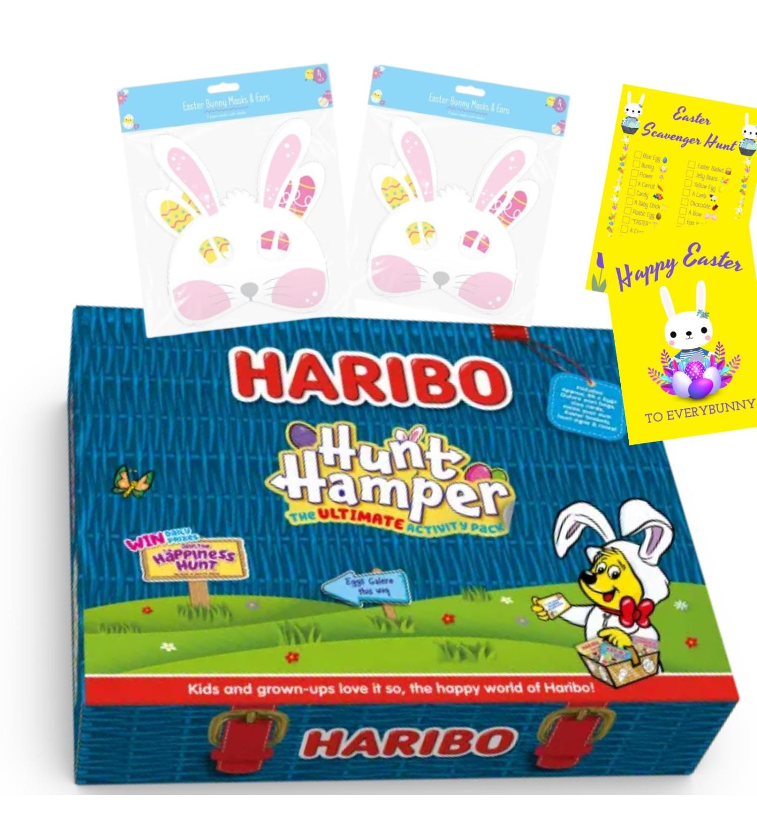 Easter Hamper for Kids - Haribo Hunt Hamper and Easter Bunny Masks 8 Pieces - 20x Haribo Eggs Galore Easter Sweets Baskets and Activities - Easter Egg Hunt Accessories Easter Gift for Kids - Buy Online on SooperMarket.com
