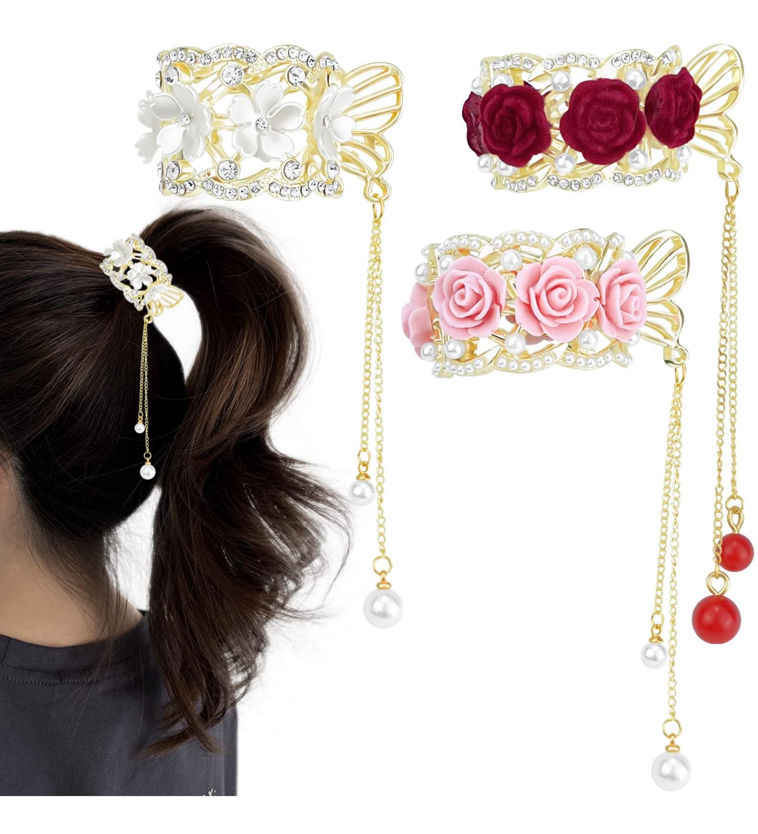 3 Pcs Rose Flower Tassel Ponytail Hair Clips | Vintage High Ponytail Hair Barrettes with Pearl Rhinestone Metal | Chinese Decorative Accessories for Bride Women Girls - Buy Online on SooperMarket.com