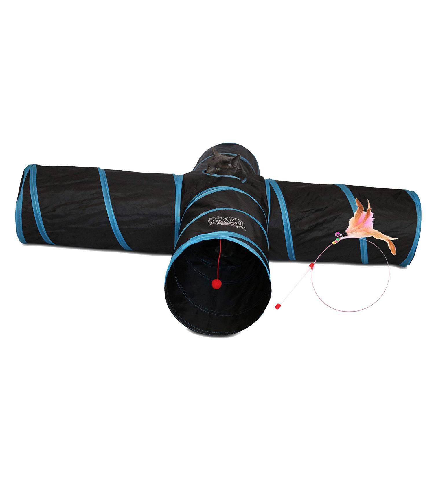 Feline Ruff Premium 4 Way Cat Tunnel | Extra Large 12 Diameter | Collapsible Play Toy for Cats, Rabbits, Kittens, Large Cats, and Dogs - Black/Blue - Buy Online on SooperMarket.com