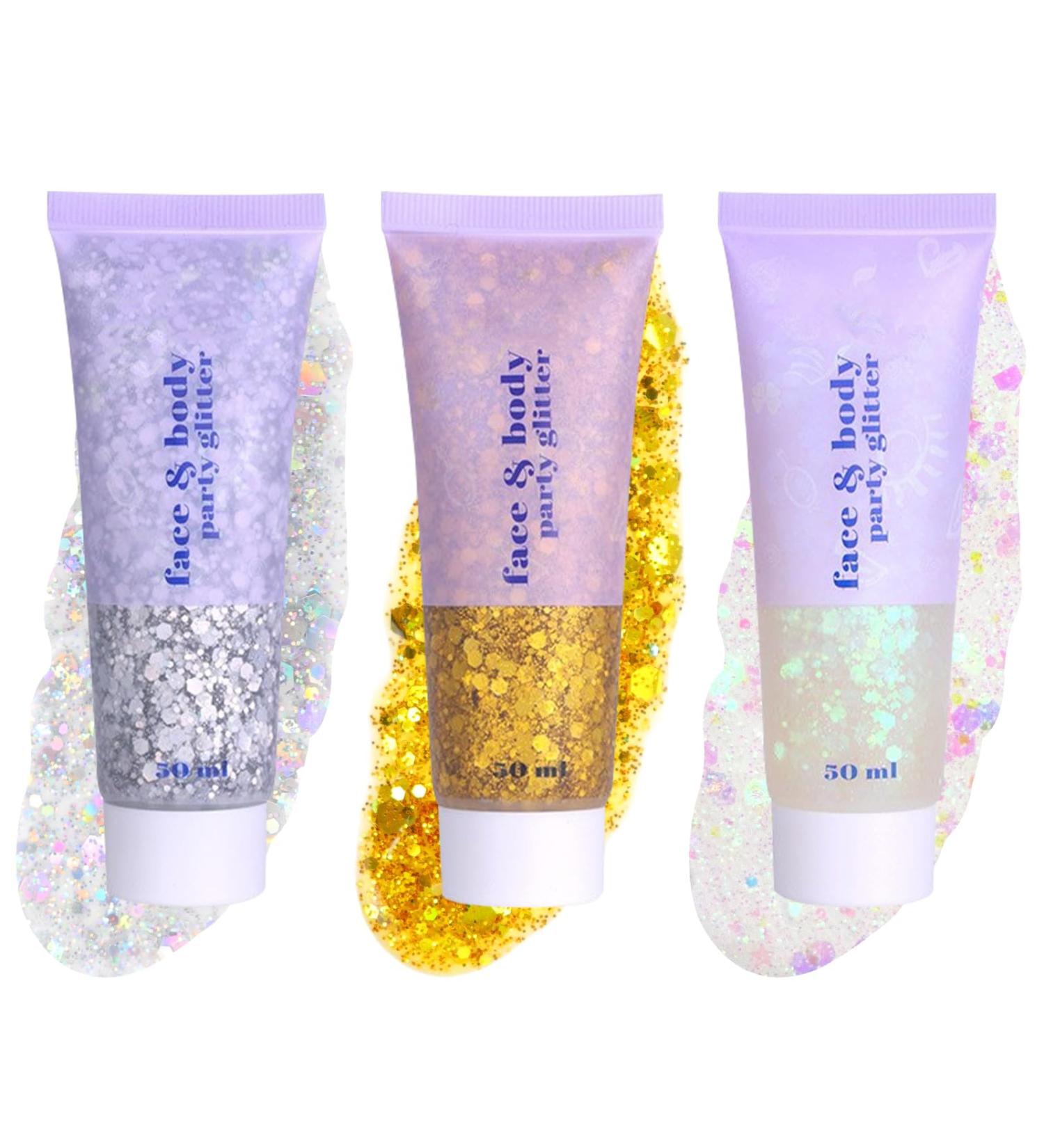 Sularpek 3Pcs Glitter Gel Set - Face, Hair & Body Glitter for Festival Party Makeup - Gold, Silver, White - Buy Online on SooperMarket.com