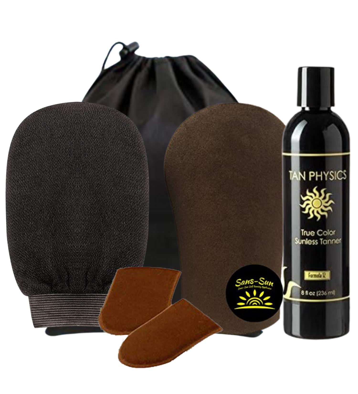 Tan Physics Self Tanner 8 Fl Oz - Includes Face & Body Mitts Black Exfoliation Gloves Travel Bag | True Color Sunless Tanner - 6 Piece Set - Buy Online on SooperMarket.com