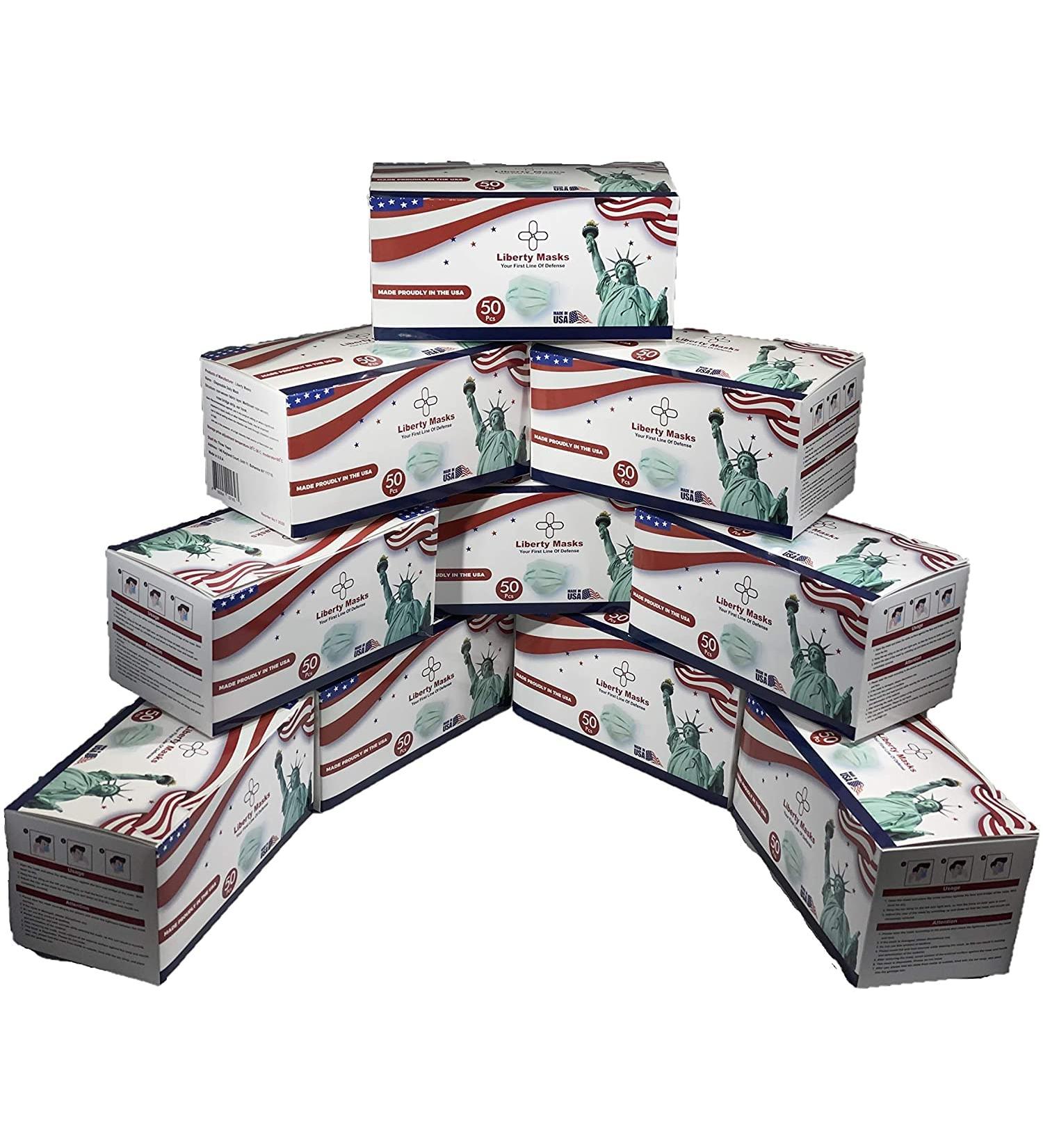 500-Pack Liberty Masks | Made in USA | Black 3-Ply Disposable Face Masks | Adjustable Nose Wire | Breathable & Lightweight | Soft Elastic Ear Loops - Buy Online on SooperMarket.com