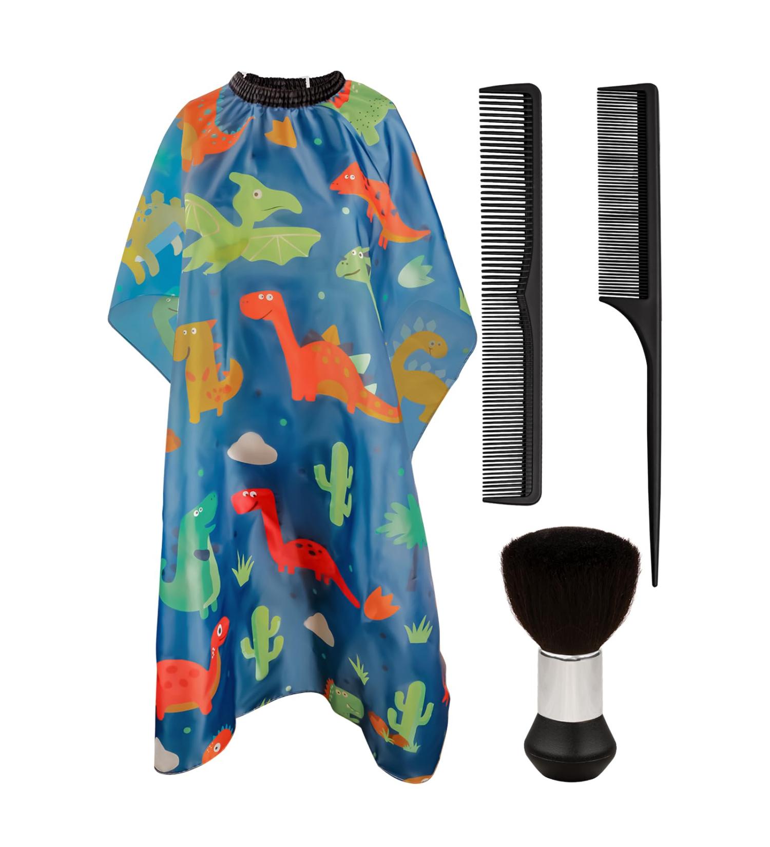 Kids Haircut Cape & Neck Duster Brush Set | Adjustable Blue Dinosaur Barber Cape for Kids - Buy Online on SooperMarket.com