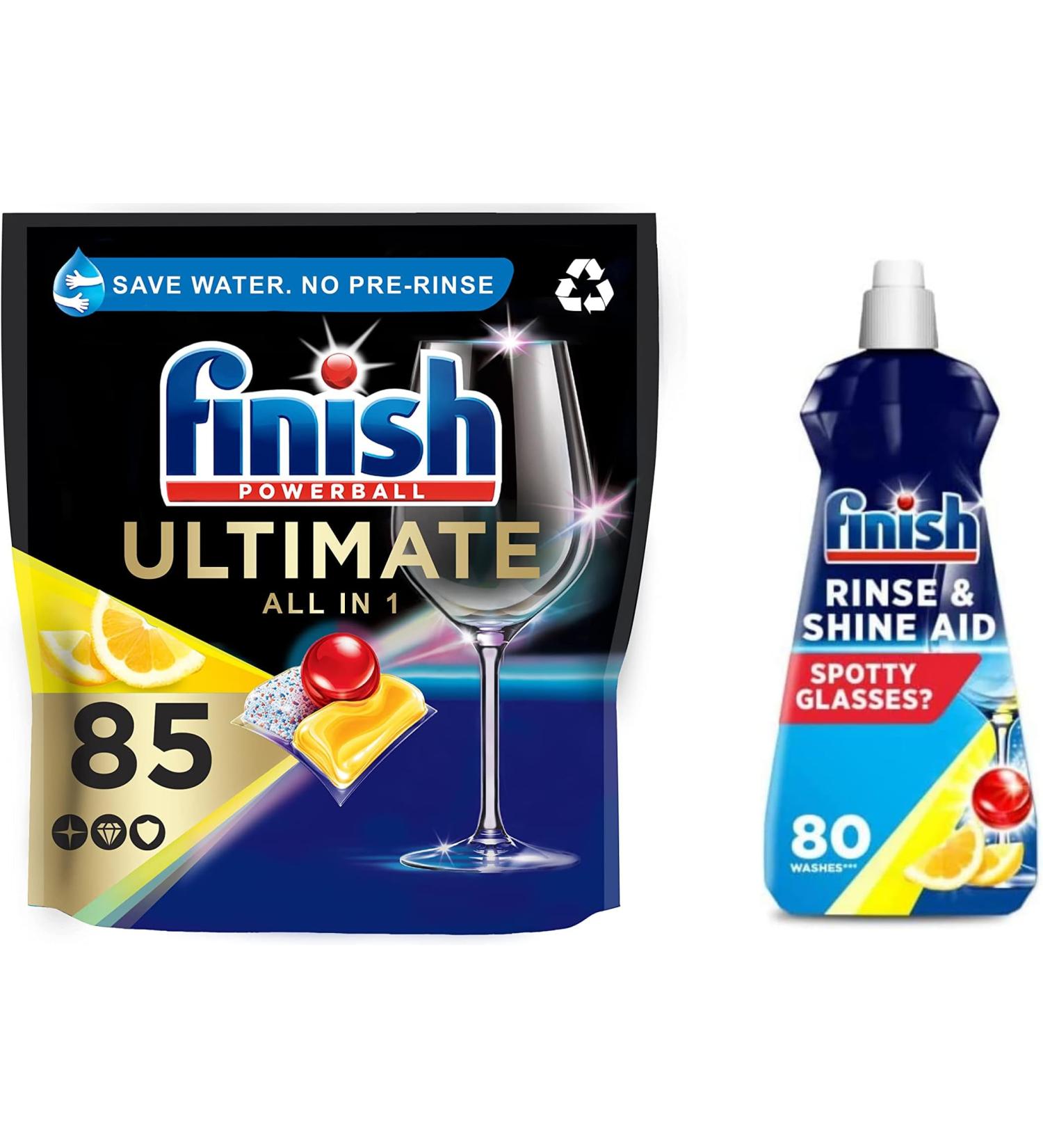 Bundle of Finish Quantum Ultimate Dishwasher Tablets Lemon Scent 85 Tablets + Finish Dishwasher Cleaner Rinse Aid | Scent : Lemon | Size : 400ml | for Ultimate Clean and Diamond Shine - Buy Online on SooperMarket.com