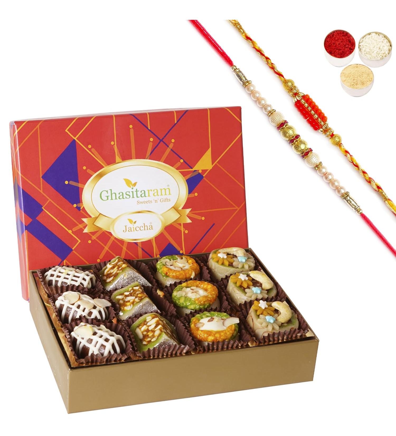 Ghasitaram Gifts Jaiccha Rakhi for Brother Exotic Dryfruit Sweets in Premium Box 12pcs with 2 Rakhis - Buy Online on SooperMarket.com