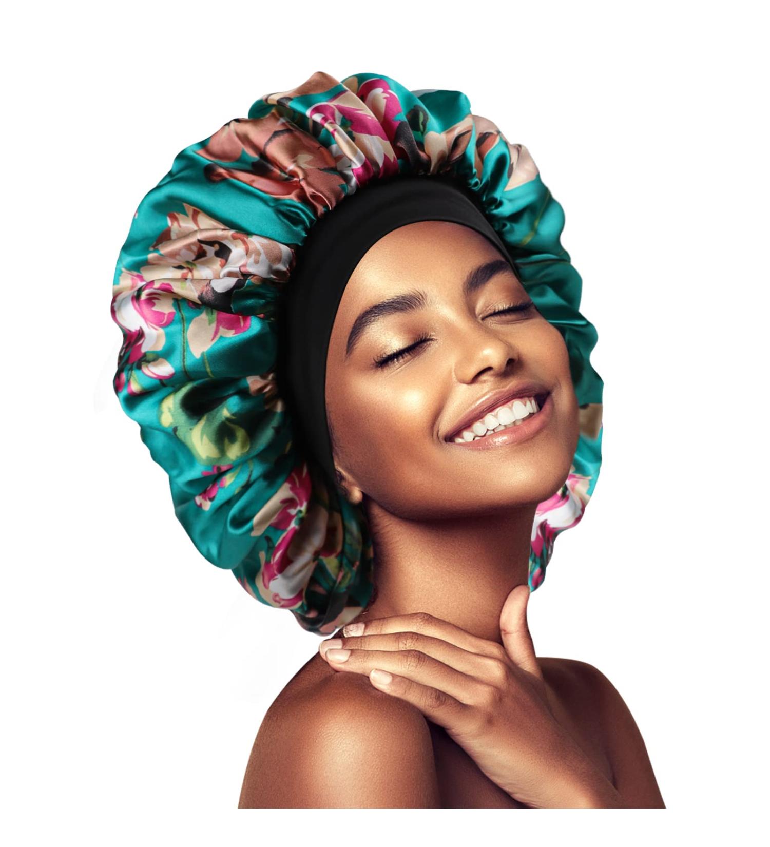 Satin Silk Double Layer Green Flower Hair Bonnet for Black Women - Large Silky Lined Sleep Cap for Curly Hair - Wide Band Strap - 1 Pc - Buy Online on SooperMarket.com