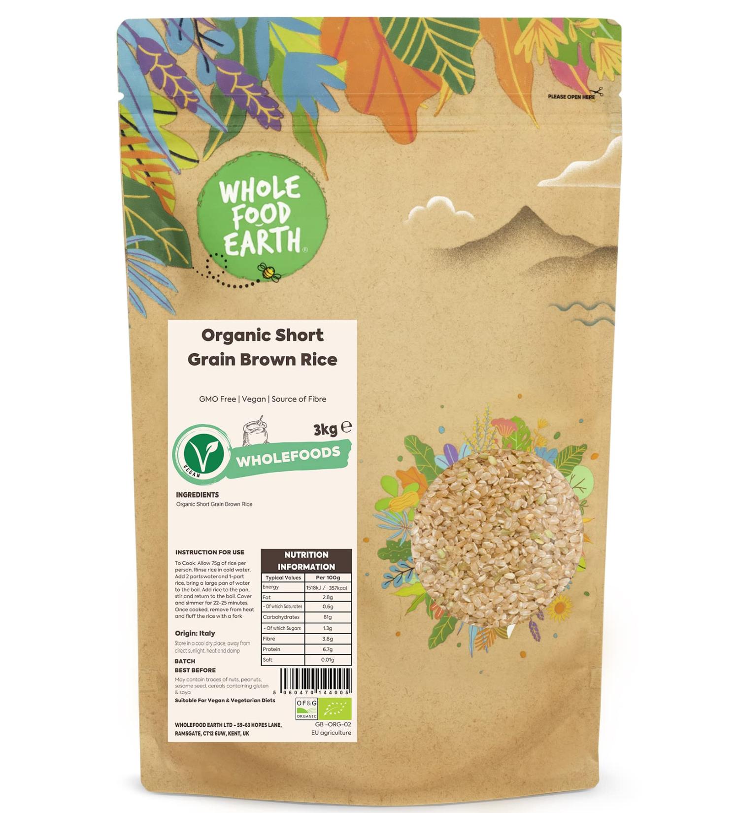 Wholefood Earth Organic Short Grain Brown Rice 3kg - GMO Free, Vegan, Source of Fibre - Certified Organic - Buy Online on SooperMarket.com