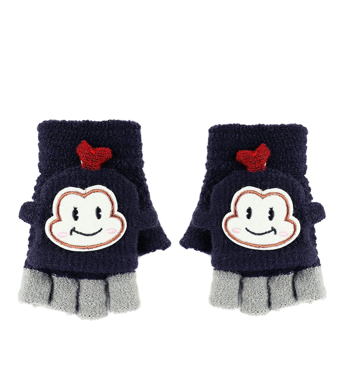 Kids Cute Cartoon Monkey Knitted Mittens - Warm Convertible Thermal Gloves for Children 3-8 Years - Dark Blue - Buy Online on SooperMarket.com