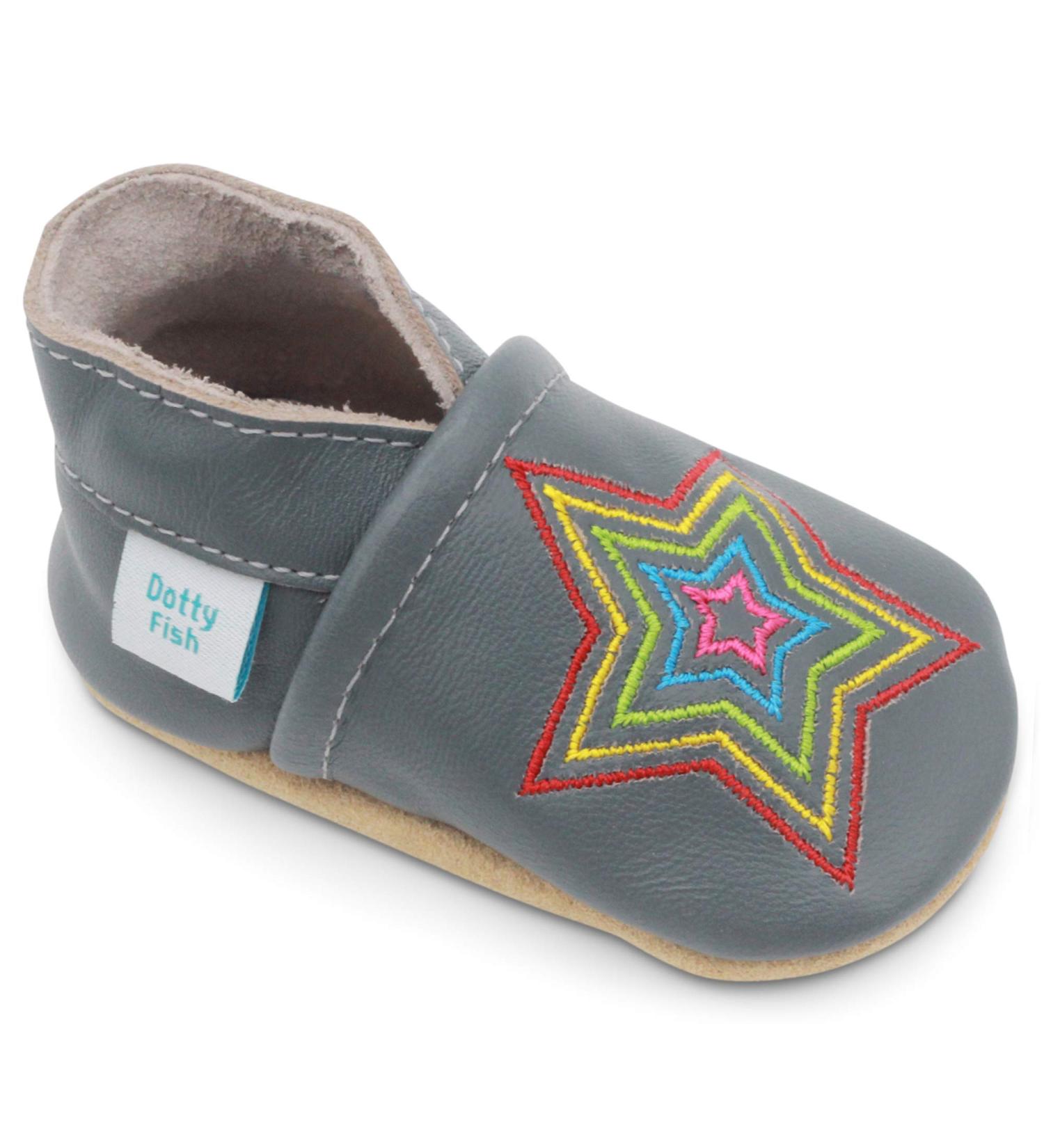 Dotty Fish Soft Leather Toddler Shoes for Boys | Non-Slip Suede Soles | Grey Rainbow Star | 0-6 Months to 4-5 Years - Buy Online on SooperMarket.com