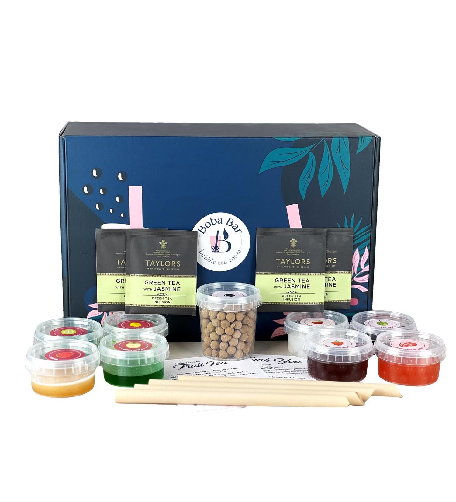 Boba bar London | DIY Fruit Bubble Tea Kit | Serves 4 (FTBK-GC-4) Boba Bar London | Green Chiller Fruit Bubble Tea Kit | 4 Fruit Tea Flavours | 4 Boba & Jelly Toppings | Tapioca Pearls | 4 Bamboo Straws | 4 Tea Bags | 2 Recipe Cards  - Buy Online on SooperMarket.com