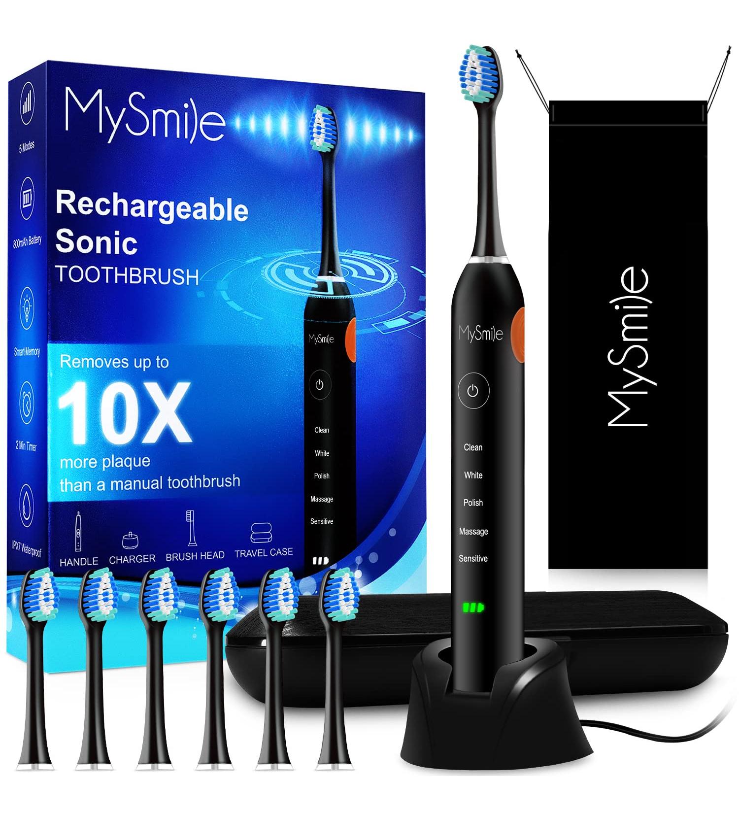 MySmile Electric Toothbrush for Adults - Rechargeable Sonic Toothbrush with 6 Brush Heads & Travel Case - 5 Modes Timer - 48000VPM - Black - Buy Online on SooperMarket.com