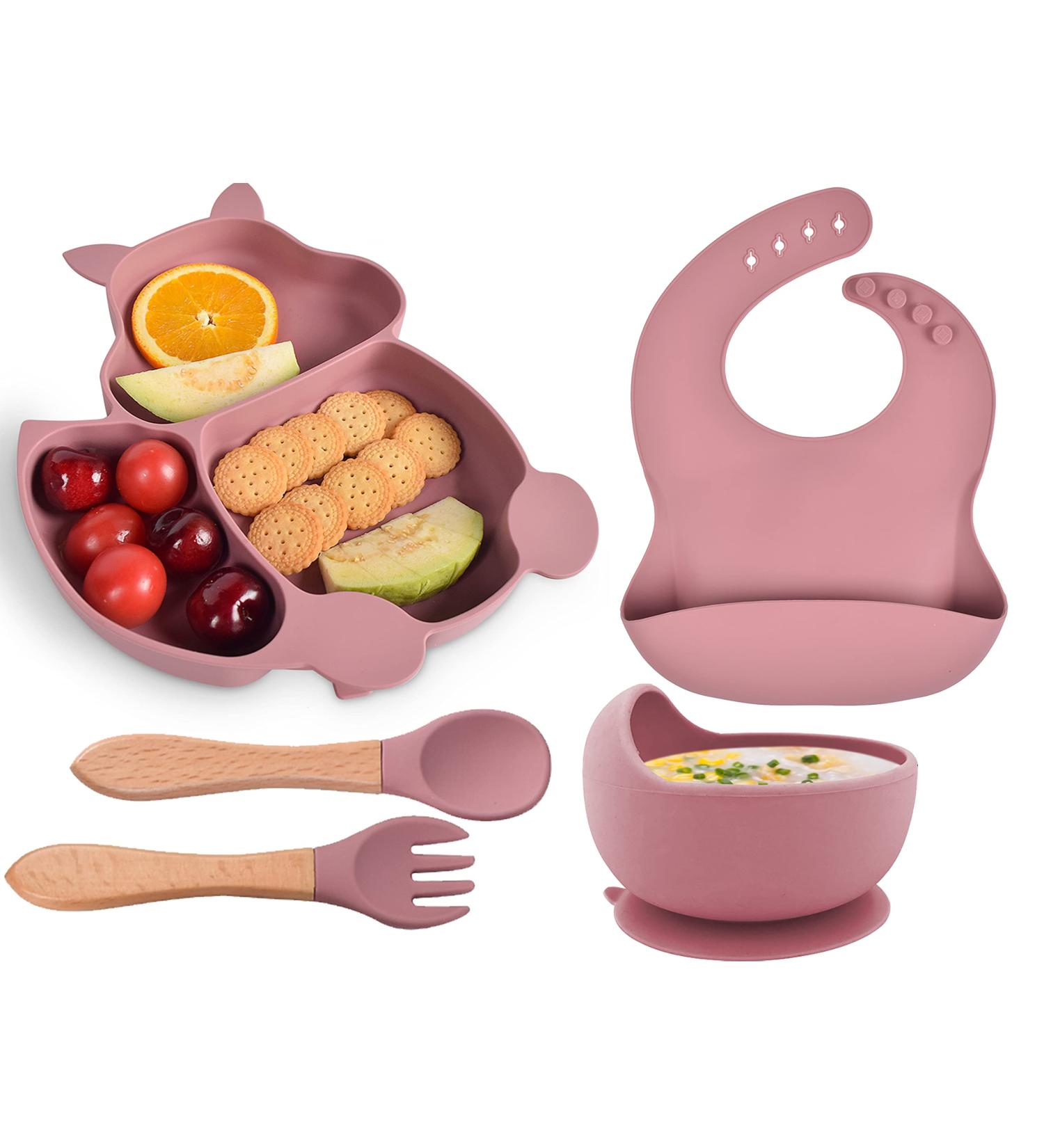 Hoseay Baby Weaning Set 5 in 1 | Silicone Suction Plate, Bowl, Spoon, Fork, Bibs | Pink Squirrel Design | Toddler Feeding Essentials - Buy Online on SooperMarket.com