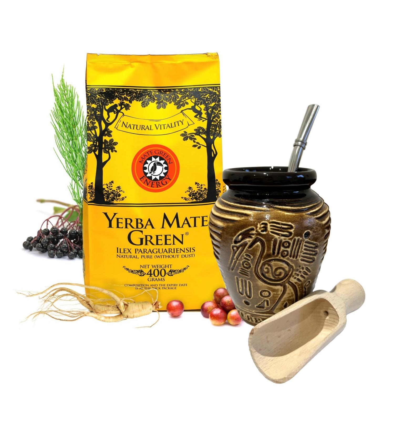 YERBA MATE Green STARTER SET Natural Strong Energy Drink Mate Tea Complete Set Begginer's Kit ENERGY Booster Green Mate ENERGY 500g Kit Ceramic Cup Gourd 300ml Bombilla| Wooden Scoop - Buy Online on SooperMarket.com