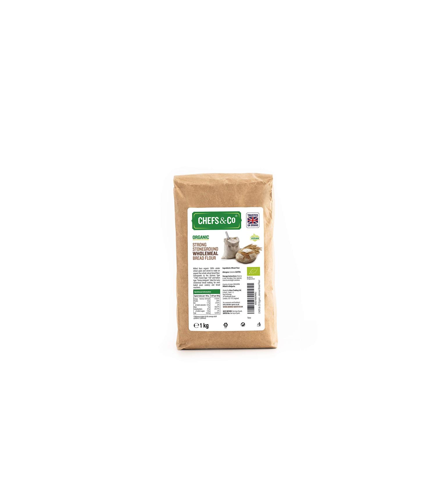 CHEFS & CO Stoneground Strong Organic Wholemeal Bread Flour 1 Kg | Freshly Milled Flour for Baking | Ideal for Wholemeal Bread Making Oven Baked Yeast Cookery & Bread Machines - Buy Online on SooperMarket.com