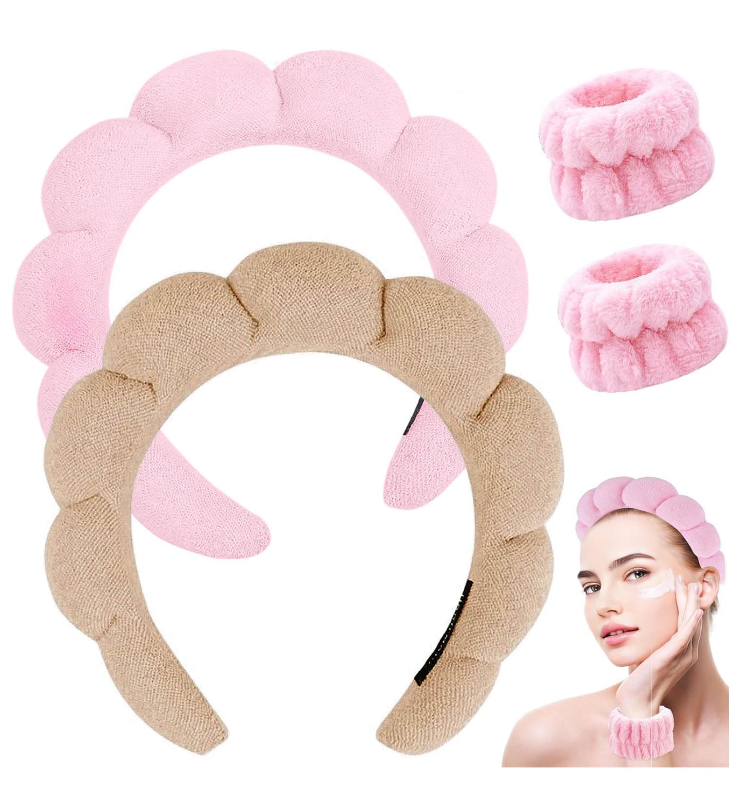 Spa Headband for Women - Soft Terry Cloth Makeup and Skincare Headband in Pink+Light Brown - Perfect Gift Set with Face Wash Wristbands - Buy Online on SooperMarket.com