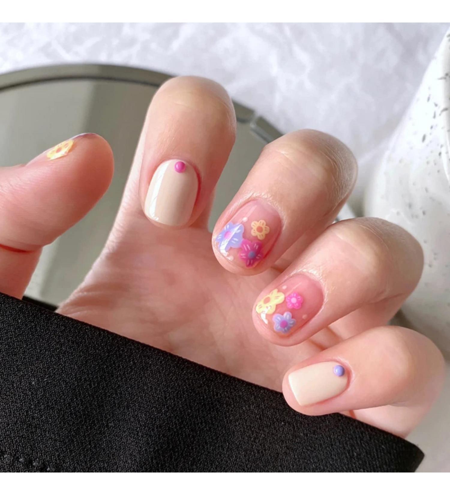 Justotry 24 Pcs Colourful Flower Square Short False Nails - Beige French Daisy Pattern Medium | Nail Glue Included | Squoval Fake Nails for Women - Buy Online on SooperMarket.com