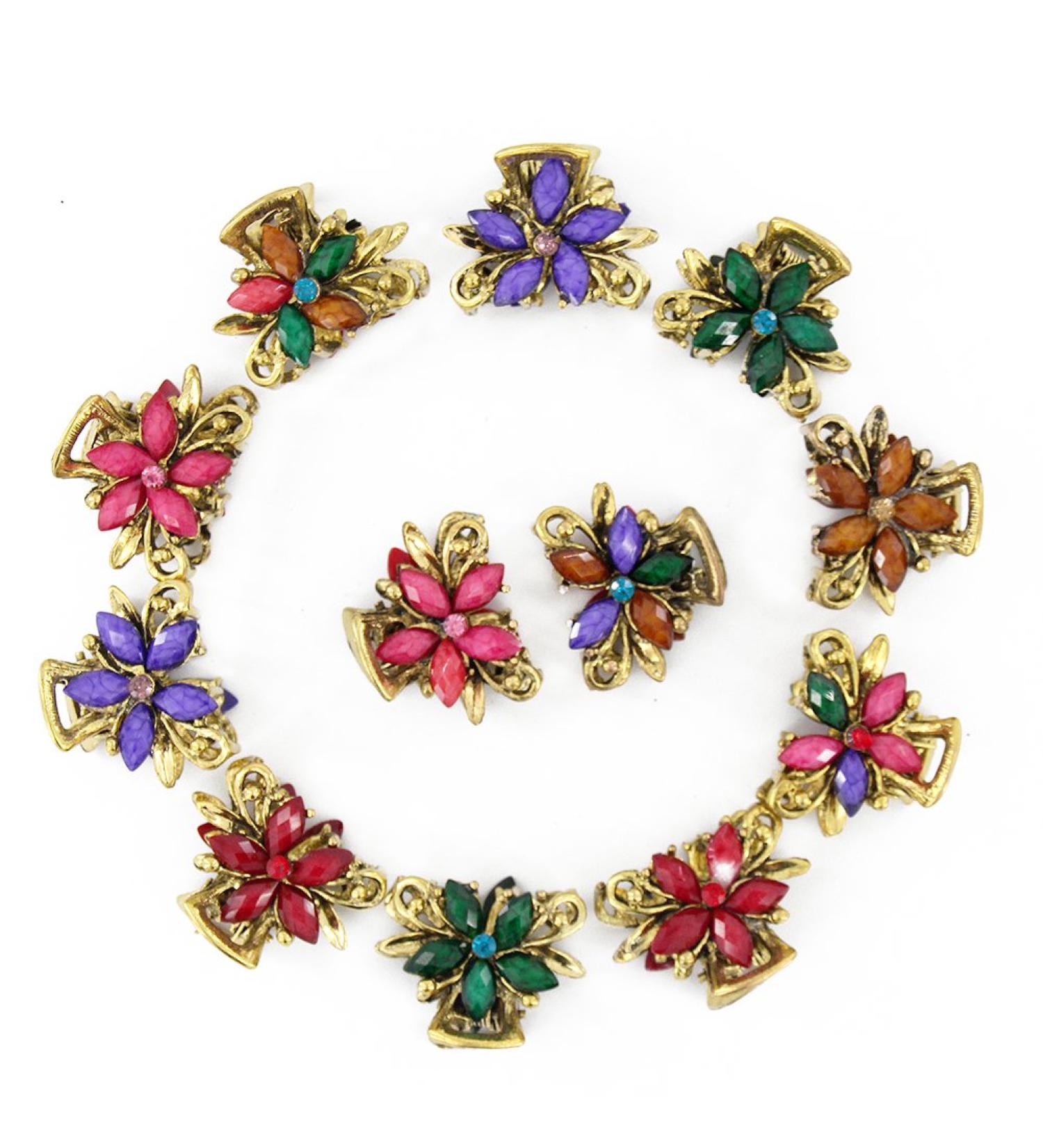 Yeshan Vintage Flower Design Mini Jaw Clips Set - Pack of 12 with Rhinestone and Crystal Detailing - Buy Online on SooperMarket.com