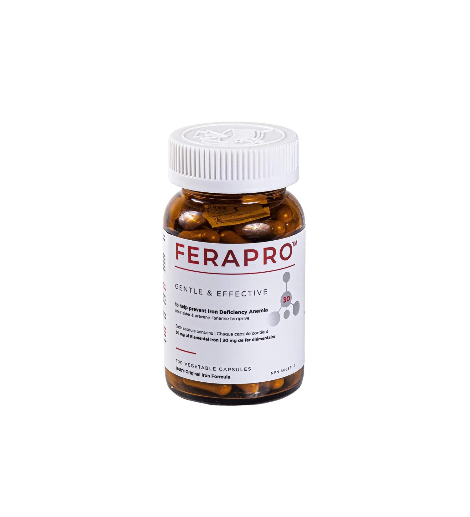 FERAPRO 30MG 100 CAPS | Vegan Iron Supplement | With Vitamin C 175mg Methylcobalamin 1000mcg 5-MTHF 80mcg and Glycine 100mg - Buy Online on SooperMarket.com