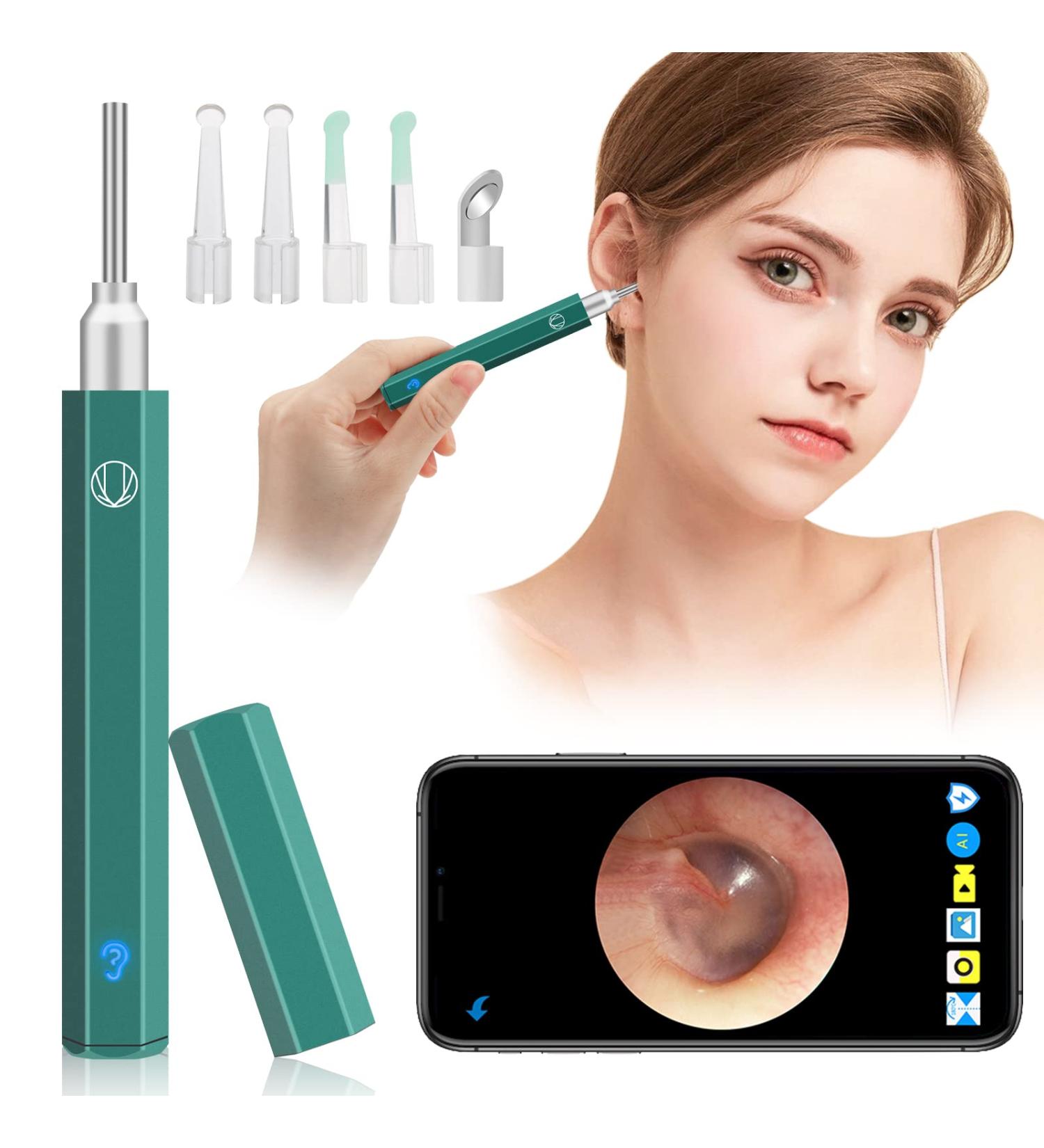 Wireless Otoscope Earwax Removal Kit | 1080P HD WiFi Endoscope Camera for Adults, Kids & Pets | LED Lights | Portable Ear Cleaning Camera - Green - Buy Online on SooperMarket.com