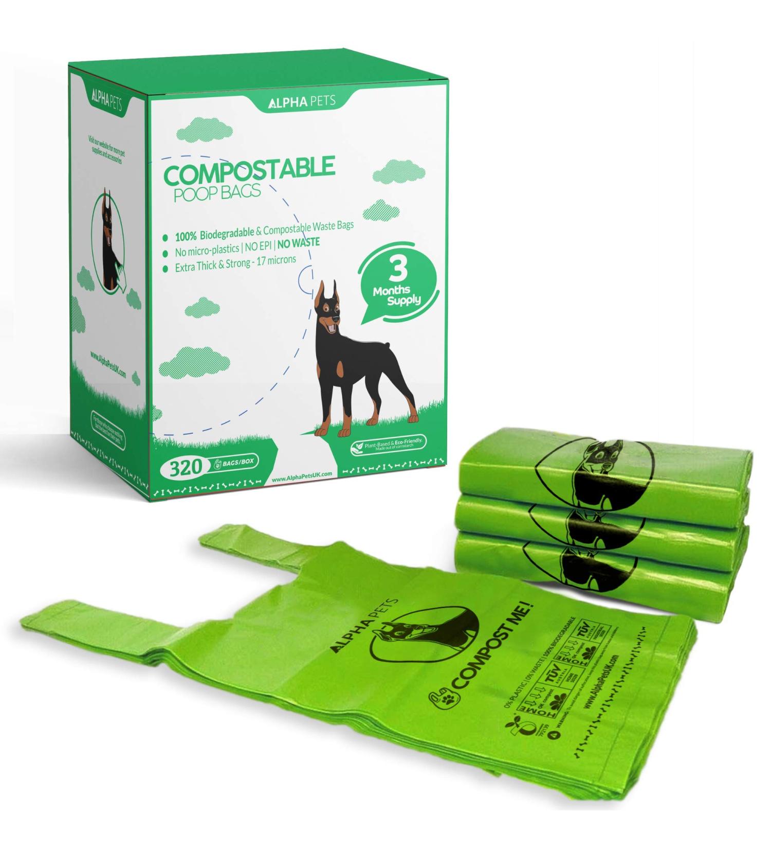 320 Compostable Dog Poo Bags with Easy-Tie Handles - Biodegradable Cornstarch - 3 Month Supply with Dispenser Box - Buy Online on SooperMarket.com