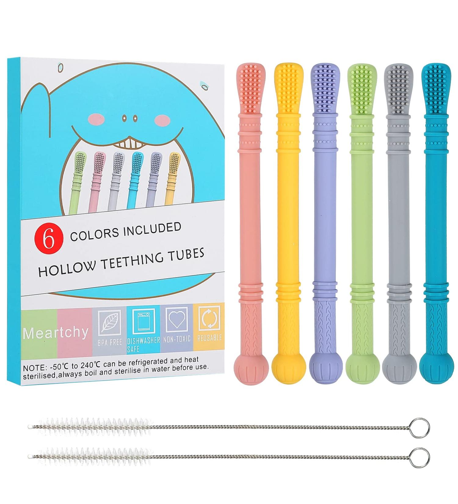 Meartchy Teething Tubes - 6 Pack Silicone Chew Straws for Babies 0-6 and 6-12 Months - Buy Online on SooperMarket.com