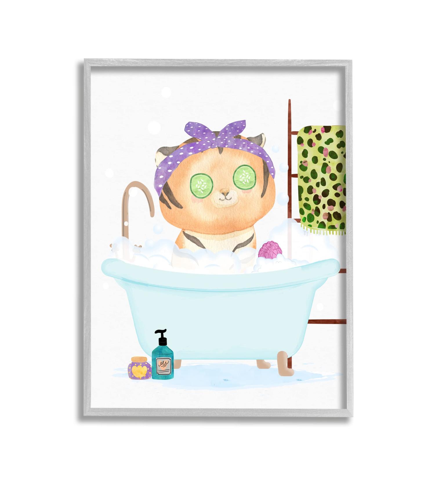 Stupell Industries Children's Tiger Bubble Bath Safari Animal Bathroom Wall Art - 11x14 - Grey Frame - Buy Online on SooperMarket.com
