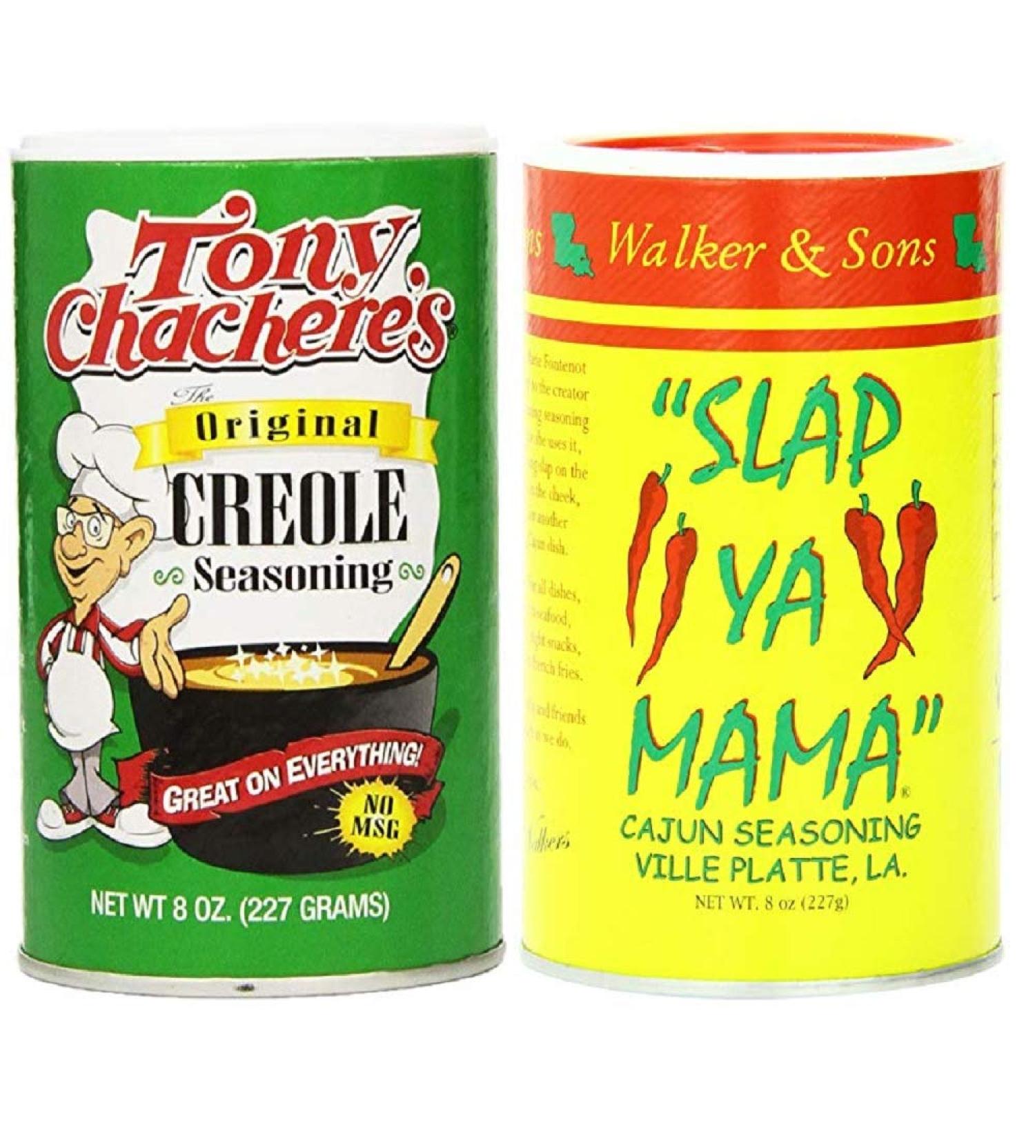 Louisiana Favorites No MSG Cajun Creole Seasoning Bundle - 1 each of Tony Chachere's Original Creole and Slap Ya Mama Cajun Seasonings (8 Ounces each) 8 Ounce (Pack of 2)