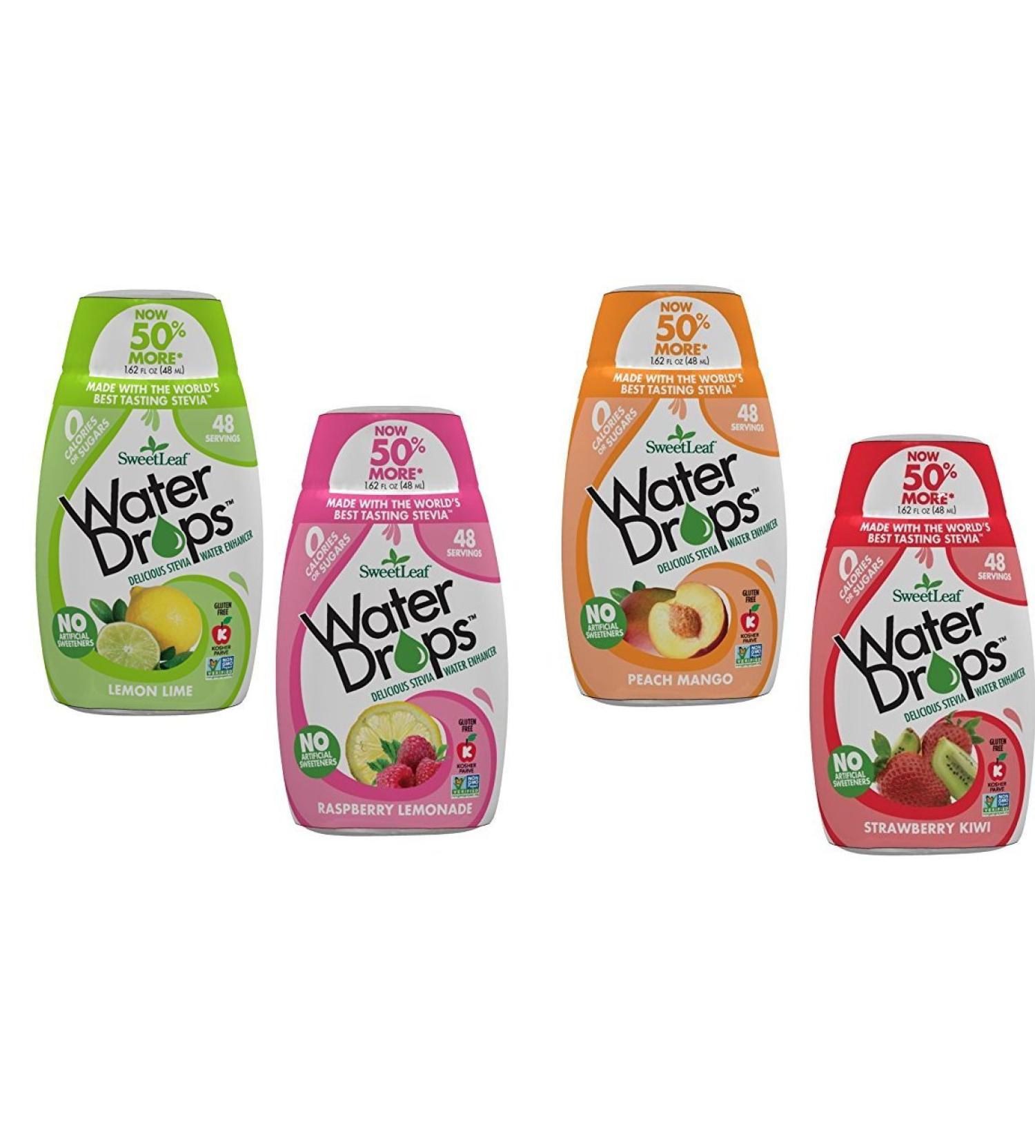 SweetLeaf Water Drops 4 Flavor Variety Bundle 2 each: Strawberry Kiwi, Raspberry Lemonade, Peach Mango and Lemon Lime (8 total) (1.62 fl.oz each - 48 servings each)