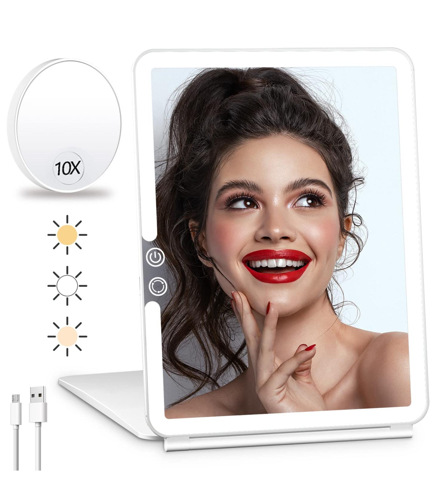 Rechargeable Travel Makeup Mirror with 10X Magnifying Mirror - Portable Lighted Cosmetic Mirror for Travel & Office - 3 Light Modes - Touch Screen Dimming - White - Buy Online on SooperMarket.com