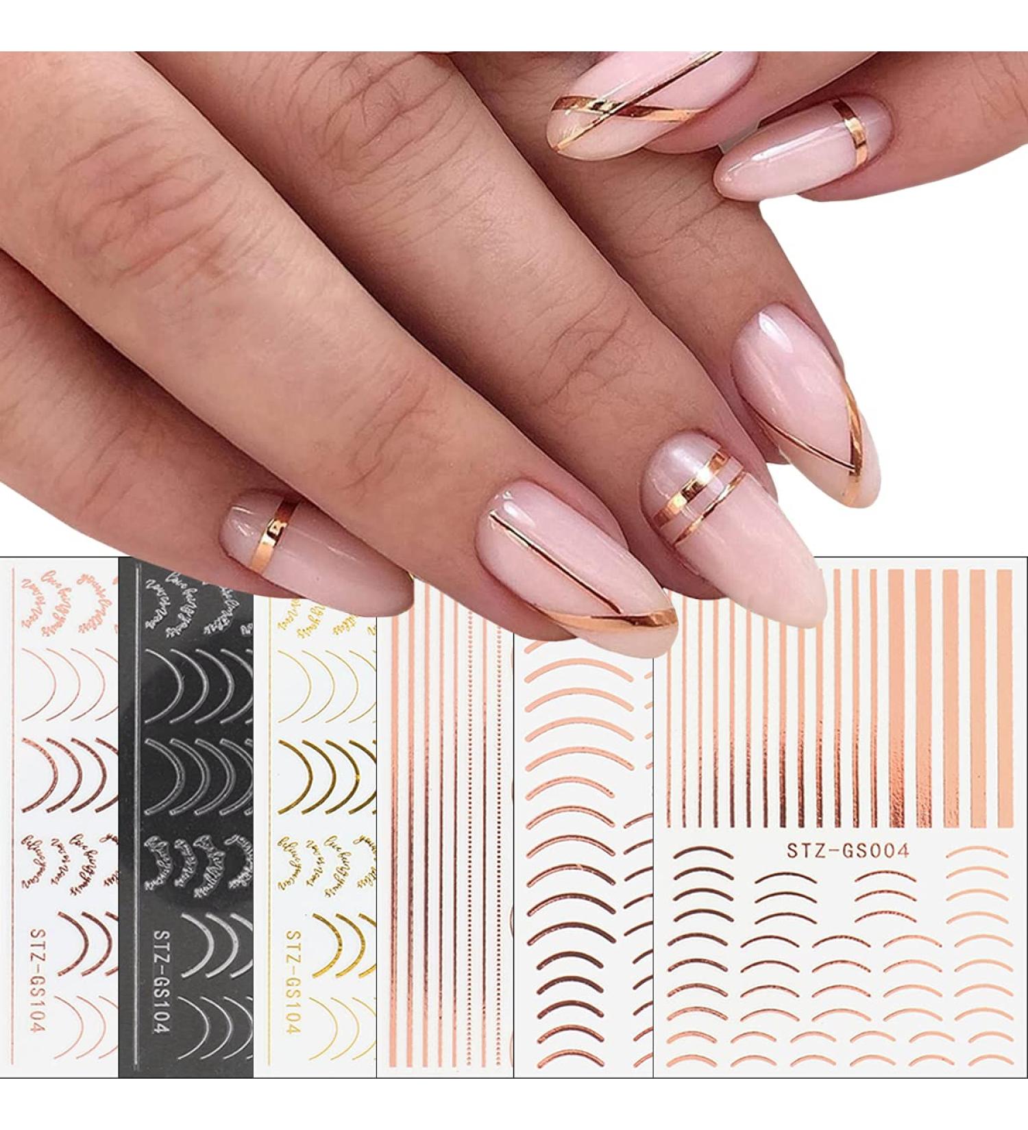 6 Sheet Gold French Fashion Line Nail Art Stickers Decals - Self-Adhesive 3D Nail Decals for Luxury Nail Design and Supply - Buy Online on SooperMarket.com