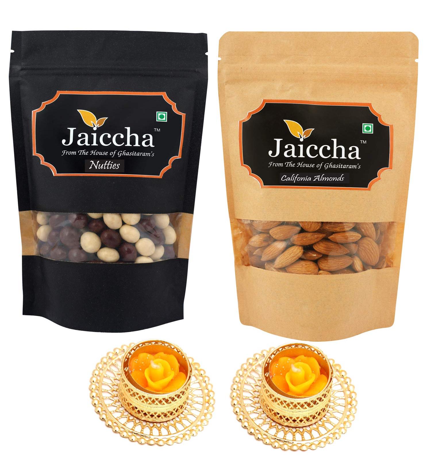 Jaiccha Ghasitaram Diwali Gifts Chocolate - Pack of 2 Nutties and Almond Pouches Small 200 GMS with 2 T-Lites - Buy Online on SooperMarket.com