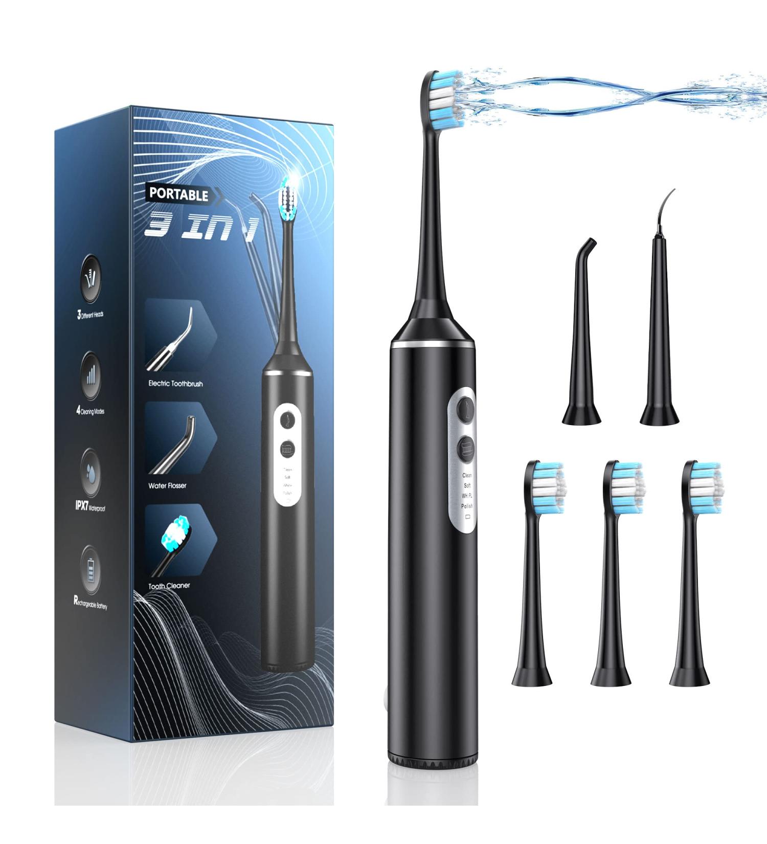 3-in-1 Water Dental Flosser & Electric Toothbrush - 4 Modes, Portable & Travel-Friendly (Black) - Buy Online on SooperMarket.com