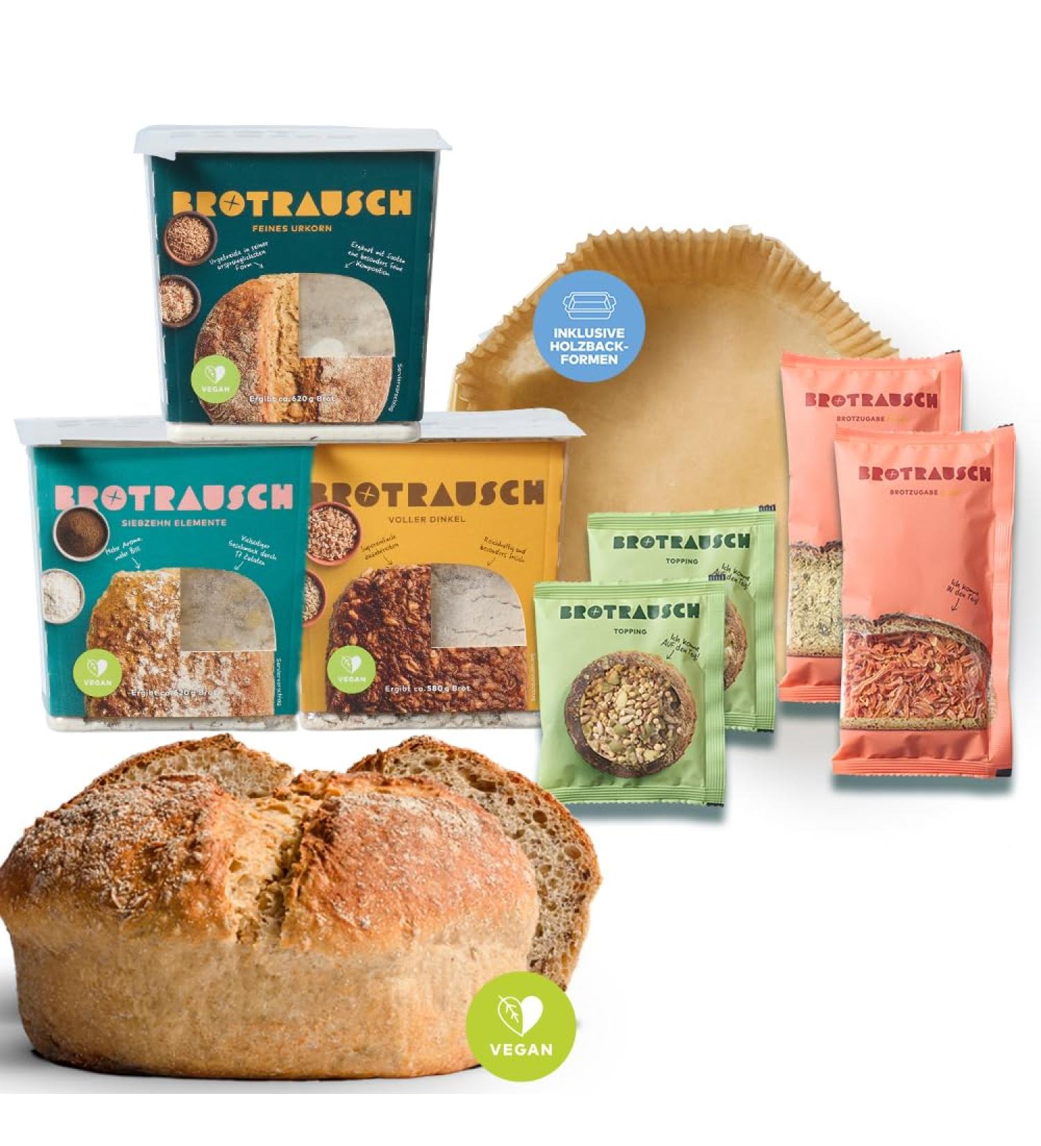 Vegan Bread Baking Mixture Package (3 x 400g) - Includes Baking Pan Dough & Toppings - Whole Grain & Spelled - Buy Online on SooperMarket.com