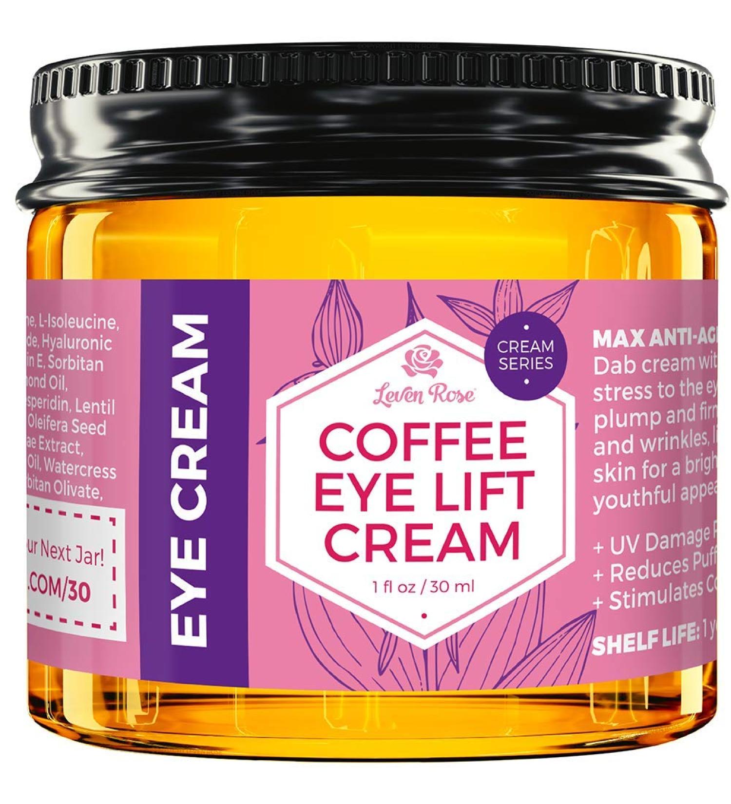 Leven Rose Coffee Eye Lift Cream - 100% Natural Anti-Aging Solution | Reduce Puffiness, Dark Circles, and Wrinkles | Deep Hydrating and Firming Formula - 1 oz - Buy Online on SooperMarket.com