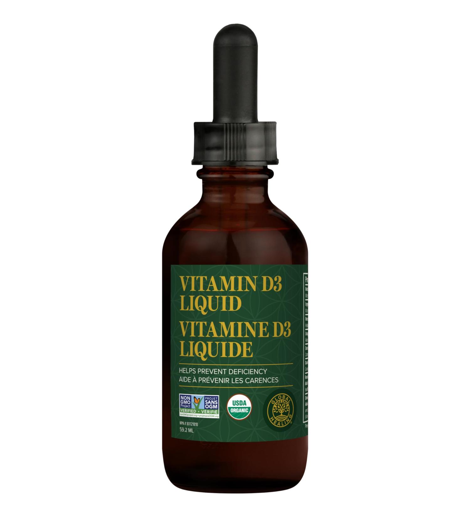 Global Healing USDA Organic Vitamin D3 Liquid Supplement Drops for Men & Women - Pure Vegan Friendly Non-GMO - Helps Support Bones Immune System and Joints (2 Oz)