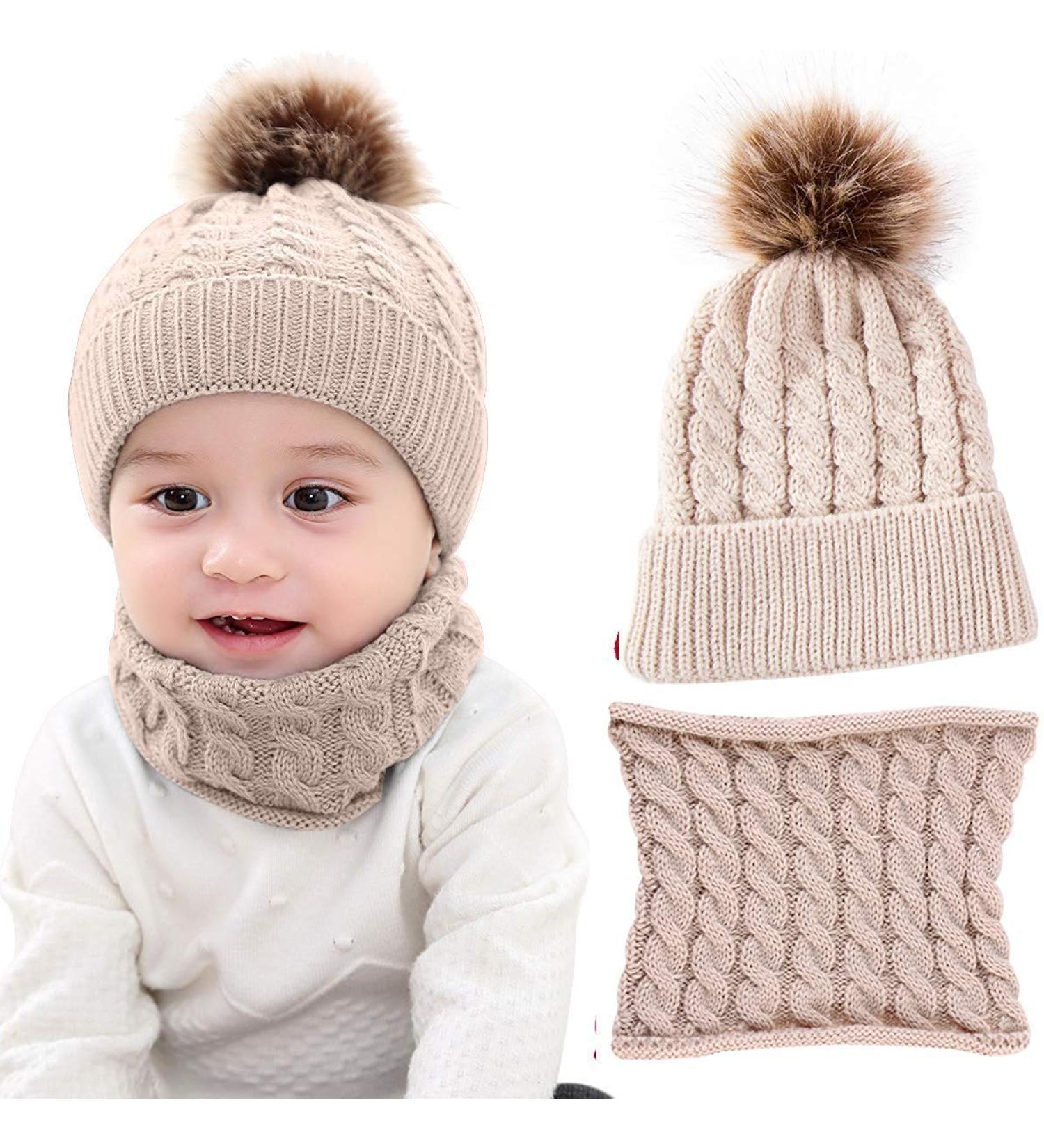 CheChury Toddler Hat and Scarf Set - Baby Knit Pom Beanie Cap with Circle Loop Scarf - 1-3 Years - Beige - Buy Online on SooperMarket.com