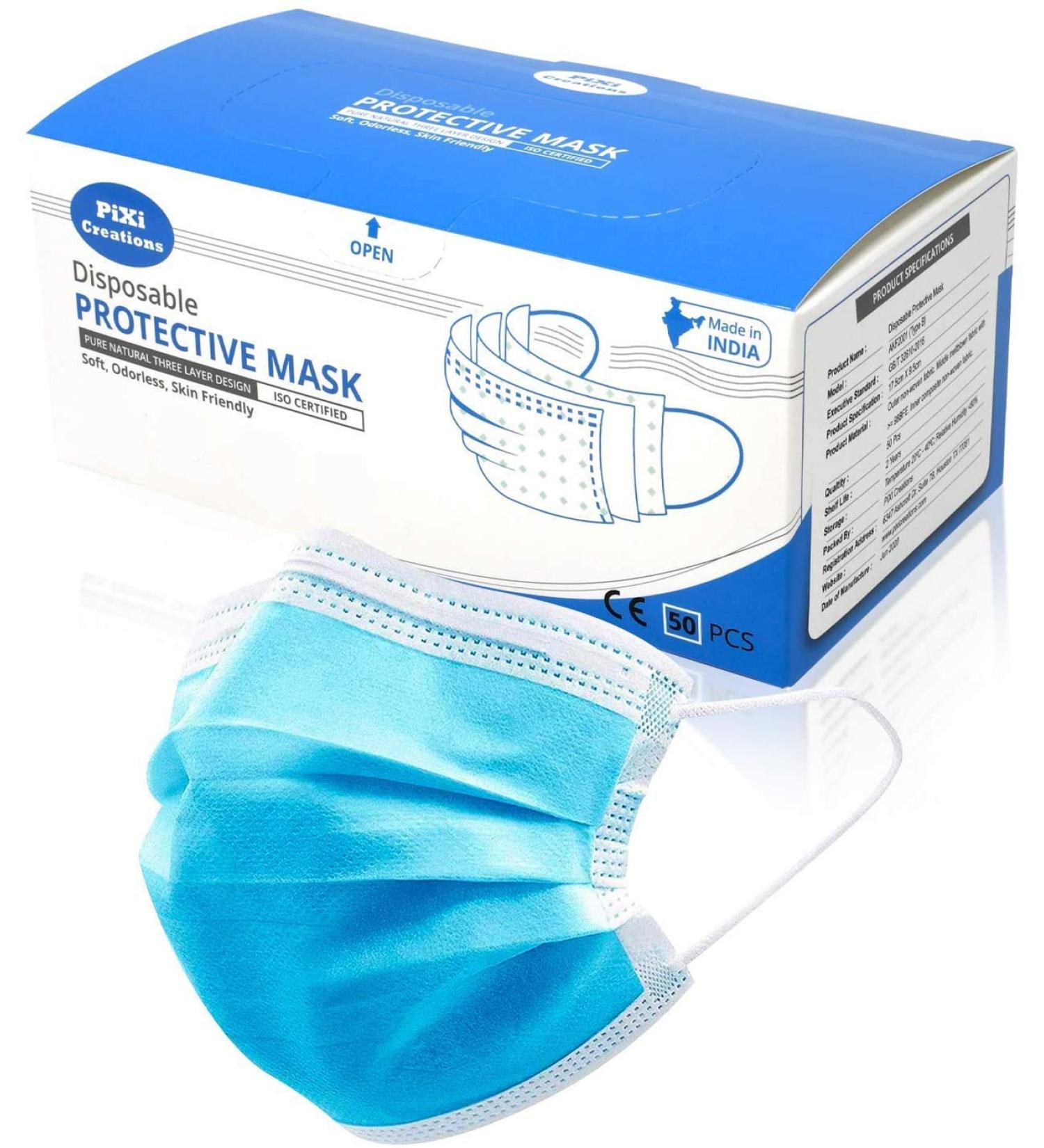 50pcs Disposable Hypoallergenic Face Masks with Elastic Earloops - Blue/White by PIXI Creations - Buy Online on SooperMarket.com