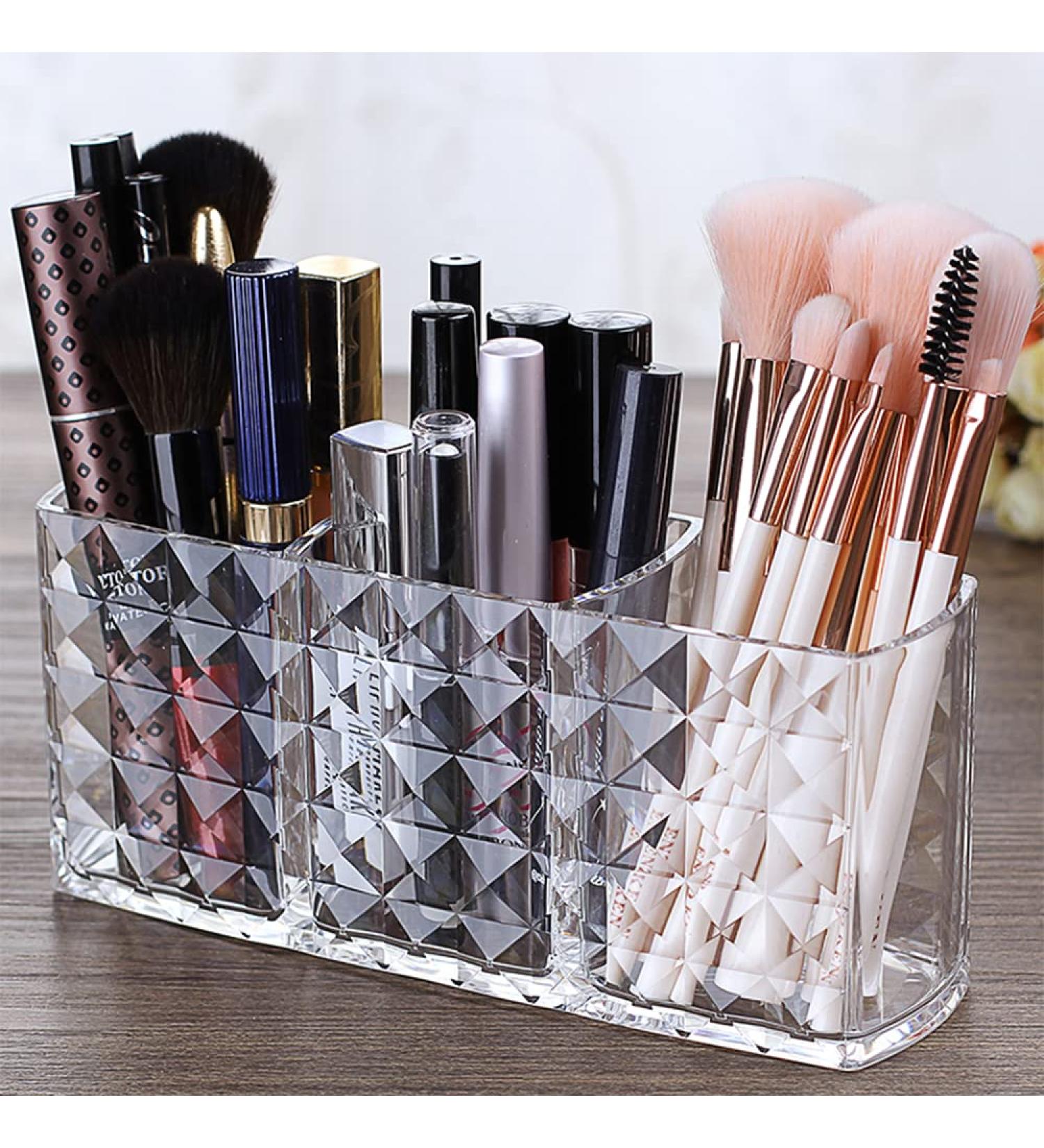 Ubetree Acrylic Makeup Organizer - 3 Compartment Cosmetic Storage for Eyeliners Lipsticks & Brushes - Transparent Vanity Holder for Bathroom & Office - Buy Online on SooperMarket.com