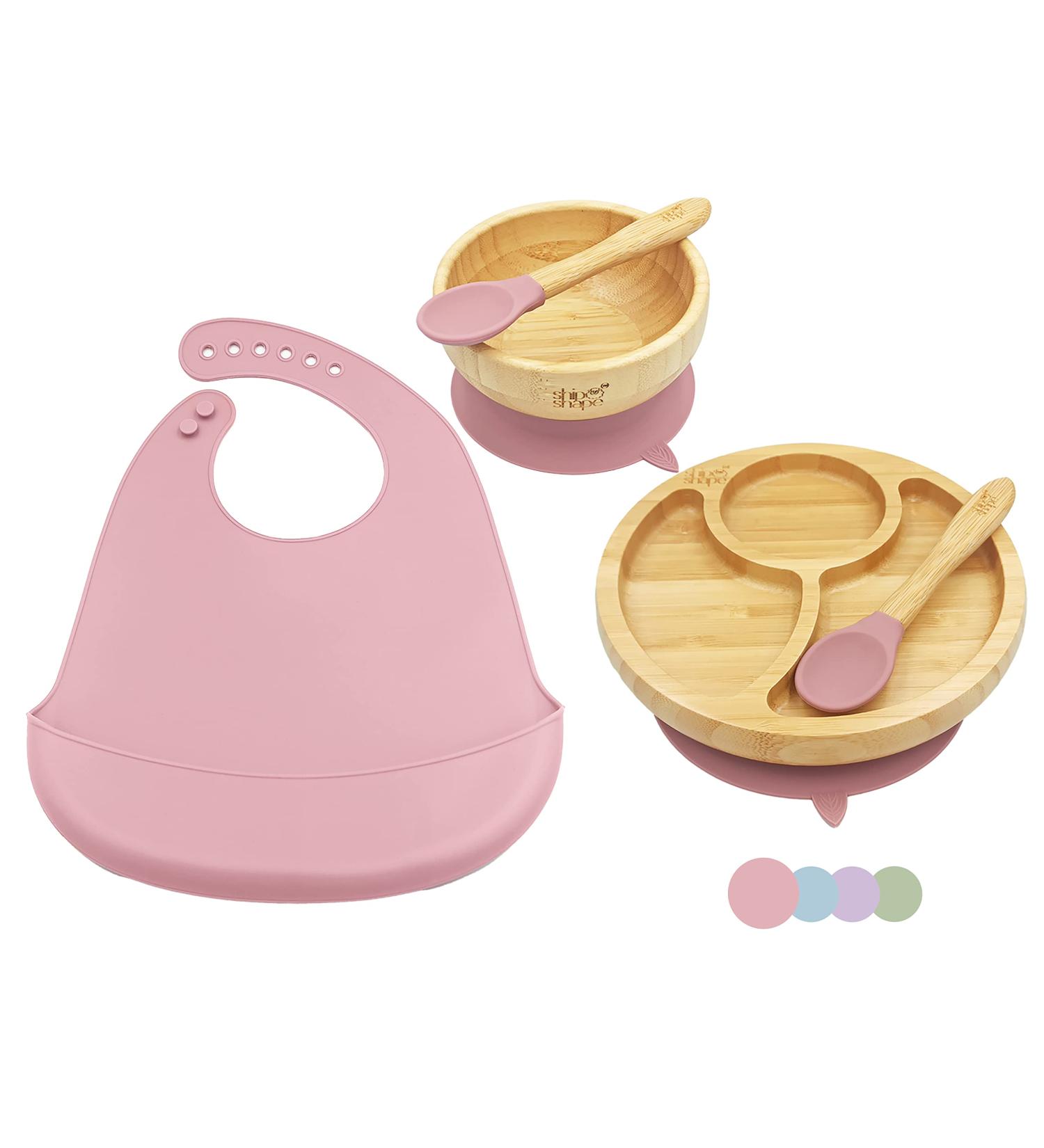 ShipShape Bamboo Baby Weaning Set | Suction Plates & Bowls, Spoons, Bib | Free eBook | Toddler Feeding Set in Turkish Rose - Buy Online on SooperMarket.com