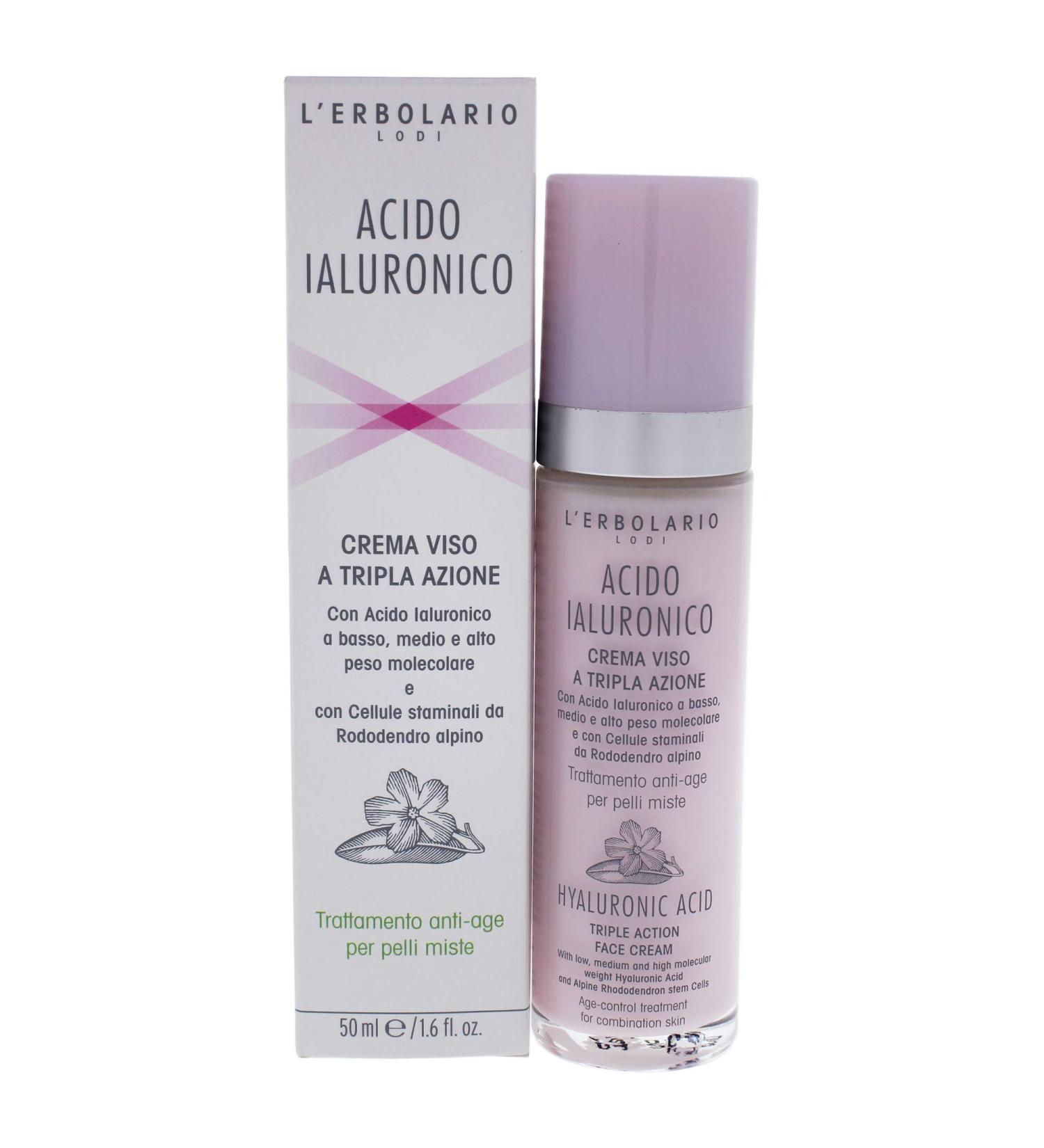 L'Erbolario Hyaluronic Acid Triple Action Face Cream - Combination Skin - Moisturizes And Tones - Fast Absorbing Non-Greasy Formula - Hydrating Effect - For Radiant and Smooth Appearance - 1.6 Oz