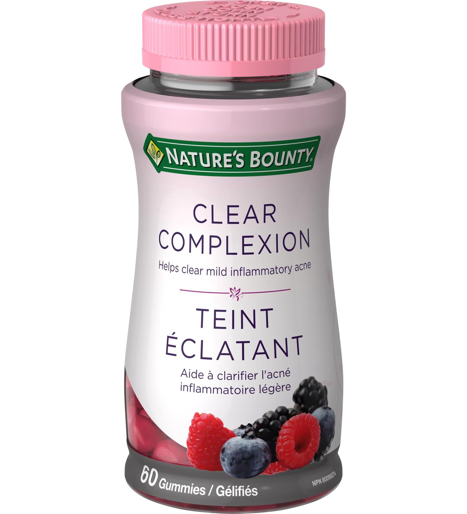 Nature's Bounty Clear Complexion Helps improve mild inflammatory acne pimples Contains Zinc Mixed Berry Flavour 60 Gummies - Buy Online on SooperMarket.com