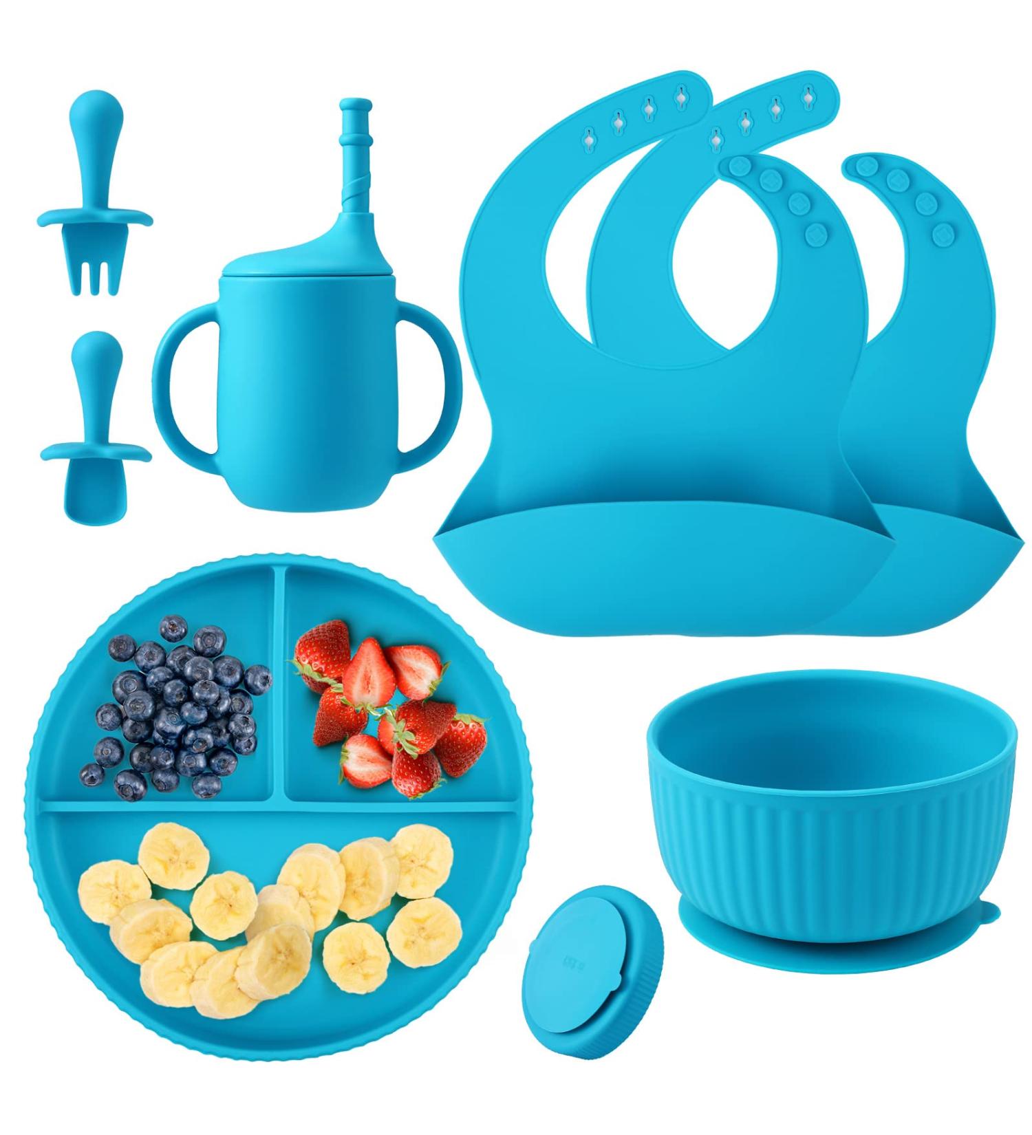 Baby Feeding Set - Silicone Bib, Suction Divided Bowl, Spoon, Fork - Toddler Utensils for Baby Led Weaning - Blue (6 Months) - Buy Online on SooperMarket.com