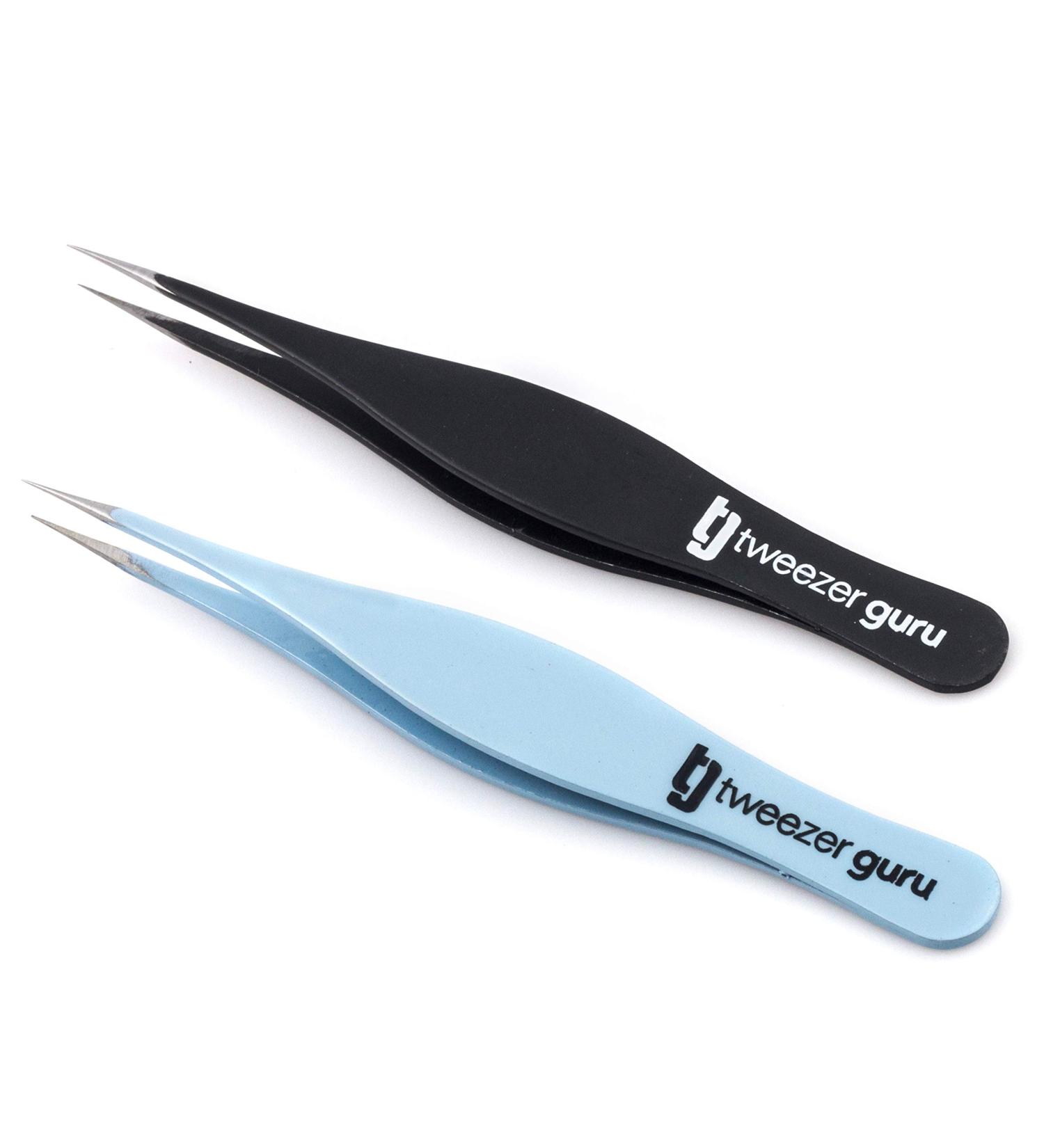 Tweezer Guru Pointed Tweezers - Precision Needle Nose Tip for Eyebrows, Ingrown Hair, Blackheads & Splinters - 2 Piece Set in Sky Blue & Black - Buy Online on SooperMarket.com