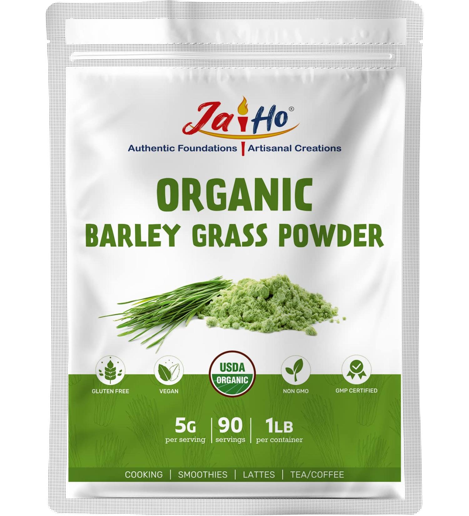 Jai Ho Organic Barley Grass Powder - 1 LB | Gluten Free, Vegan, Non-GMO | Resealable Pouch - Buy Online on SooperMarket.com