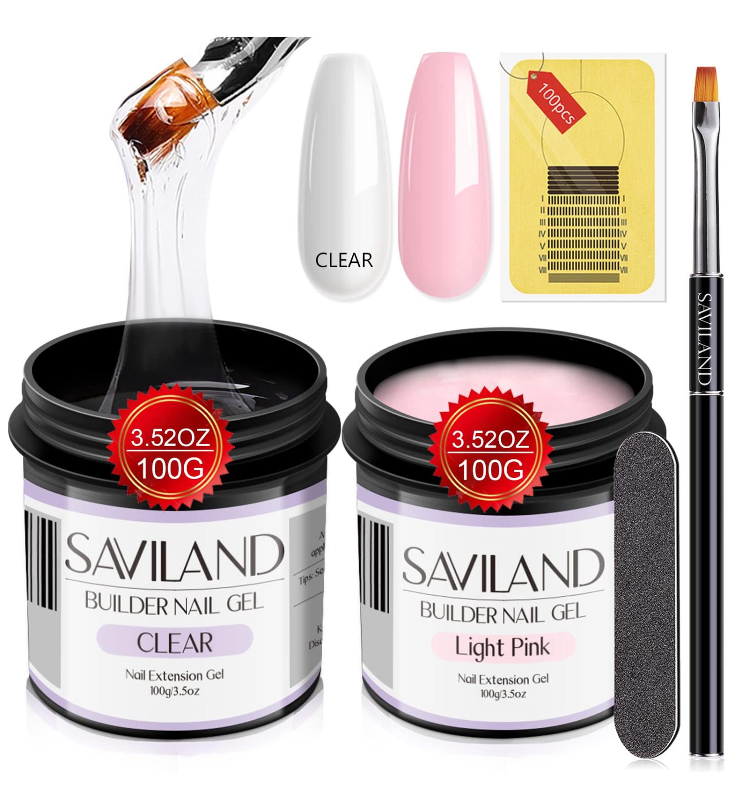 Saviland UV Gel Kit - 2 Pieces Clear & Light Pink Nail Extension & Repair Gel 3.53 oz with Nail Brush & Shapes - Large Capacity Soak-Off UV Gel Set for Perfect Nails - Buy Online on SooperMarket.com