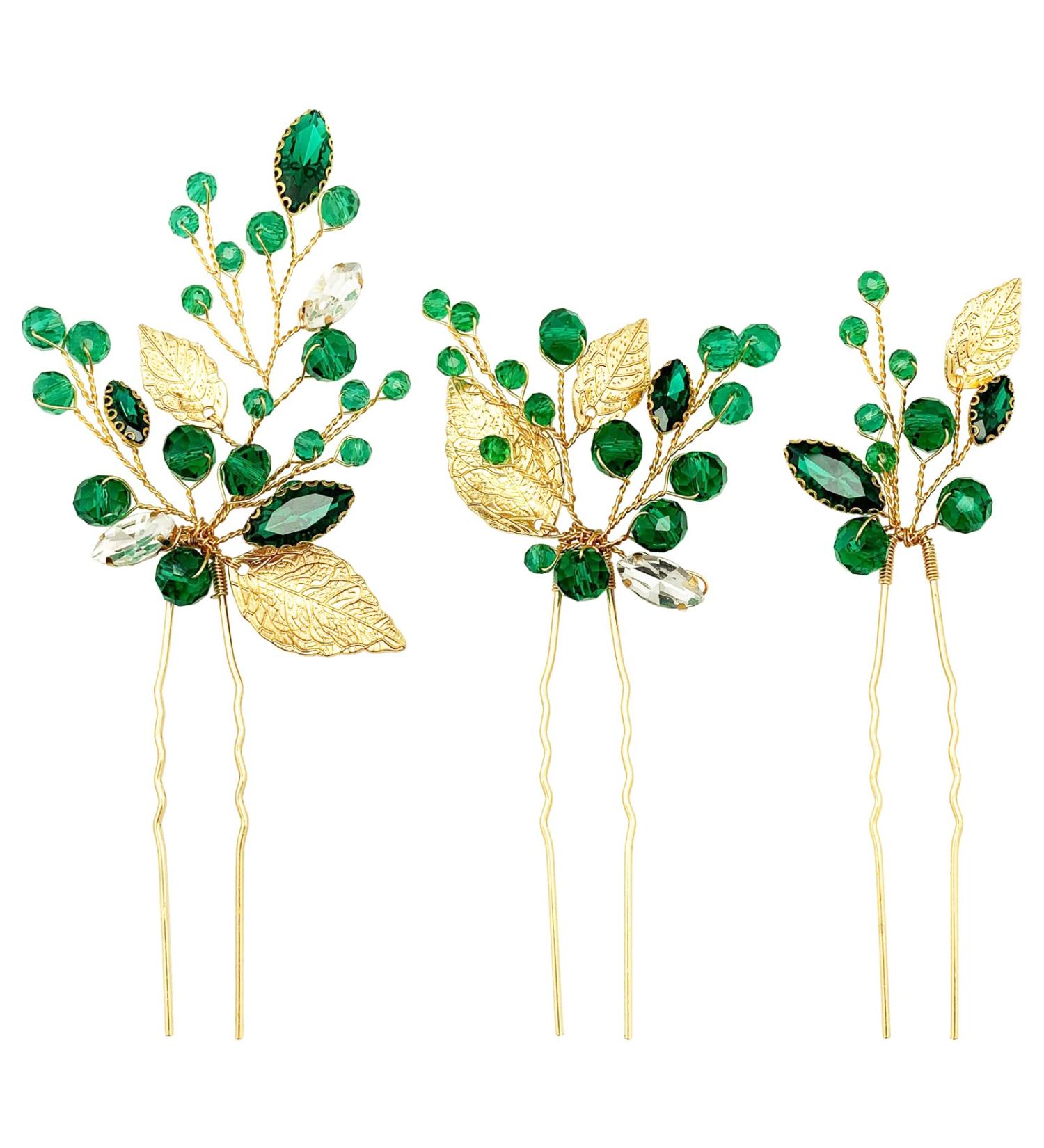 Emerald Green Rhinestone Gold Leaf Wedding Hair Pins - Pack of 3 | Bridal Hair Accessories for Women Girls - Buy Online on SooperMarket.com